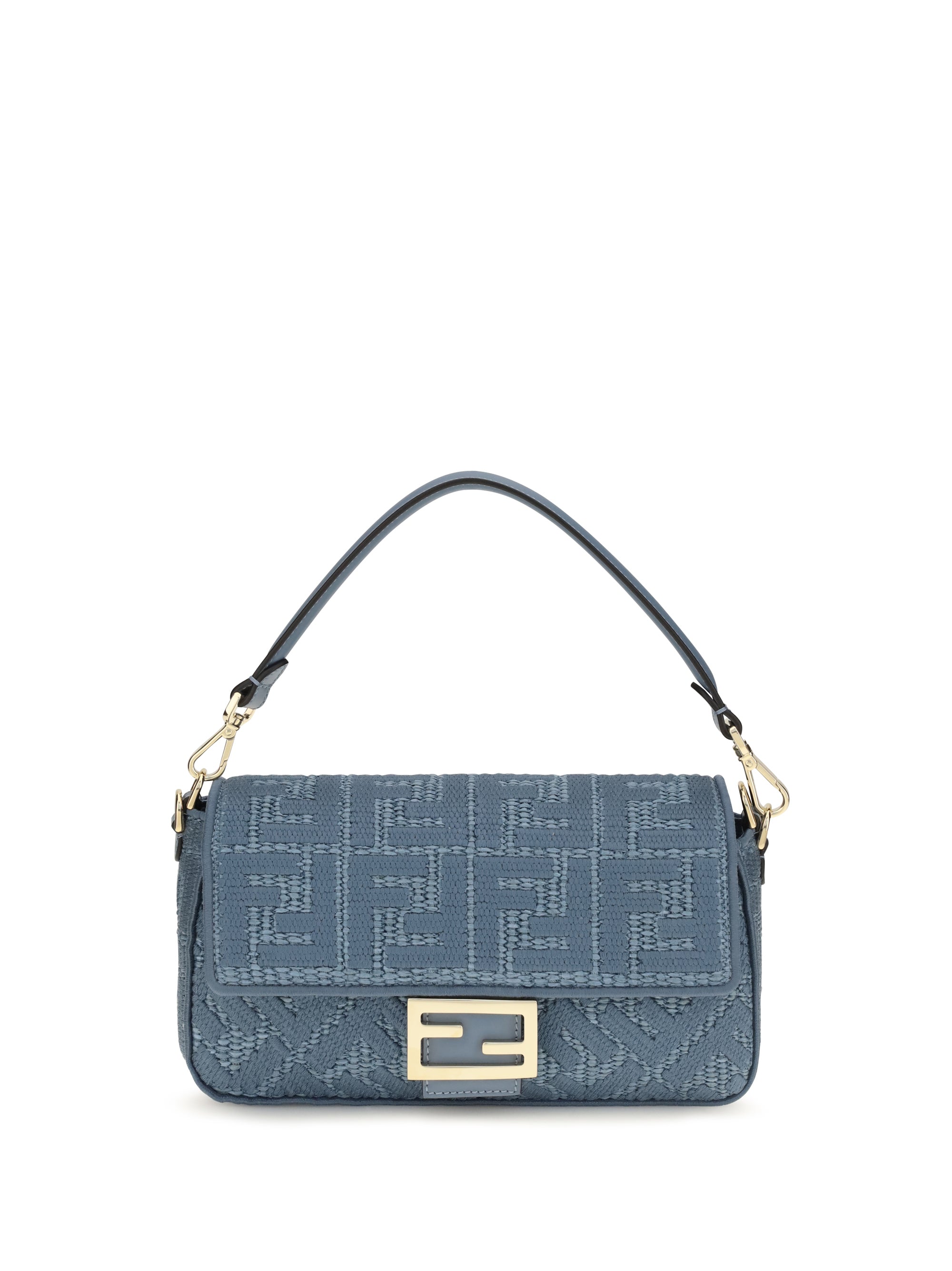 medium woven raffia shoulder bag with ff embroidery