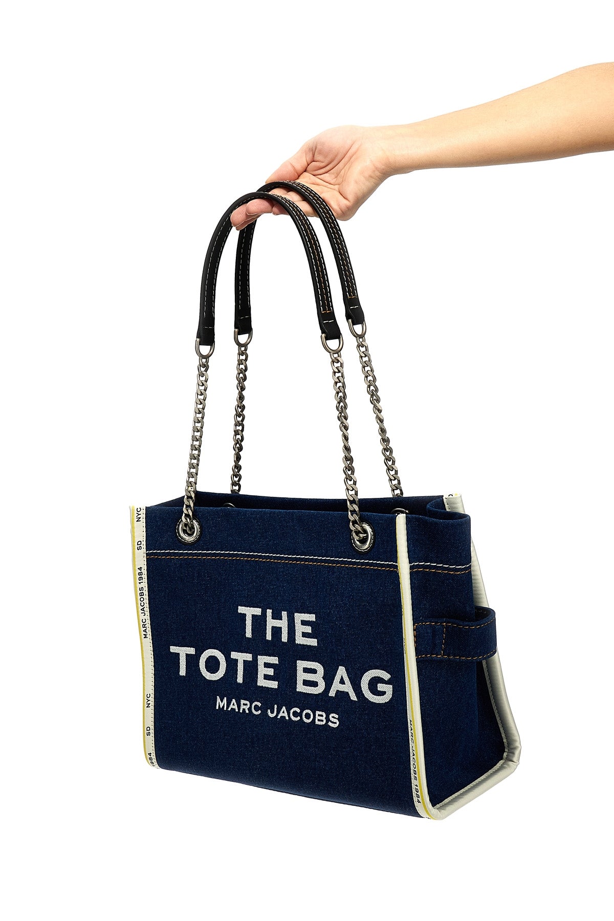 MARC JACOBS OS the denim chain medium tote shoulder bag in cotton denim