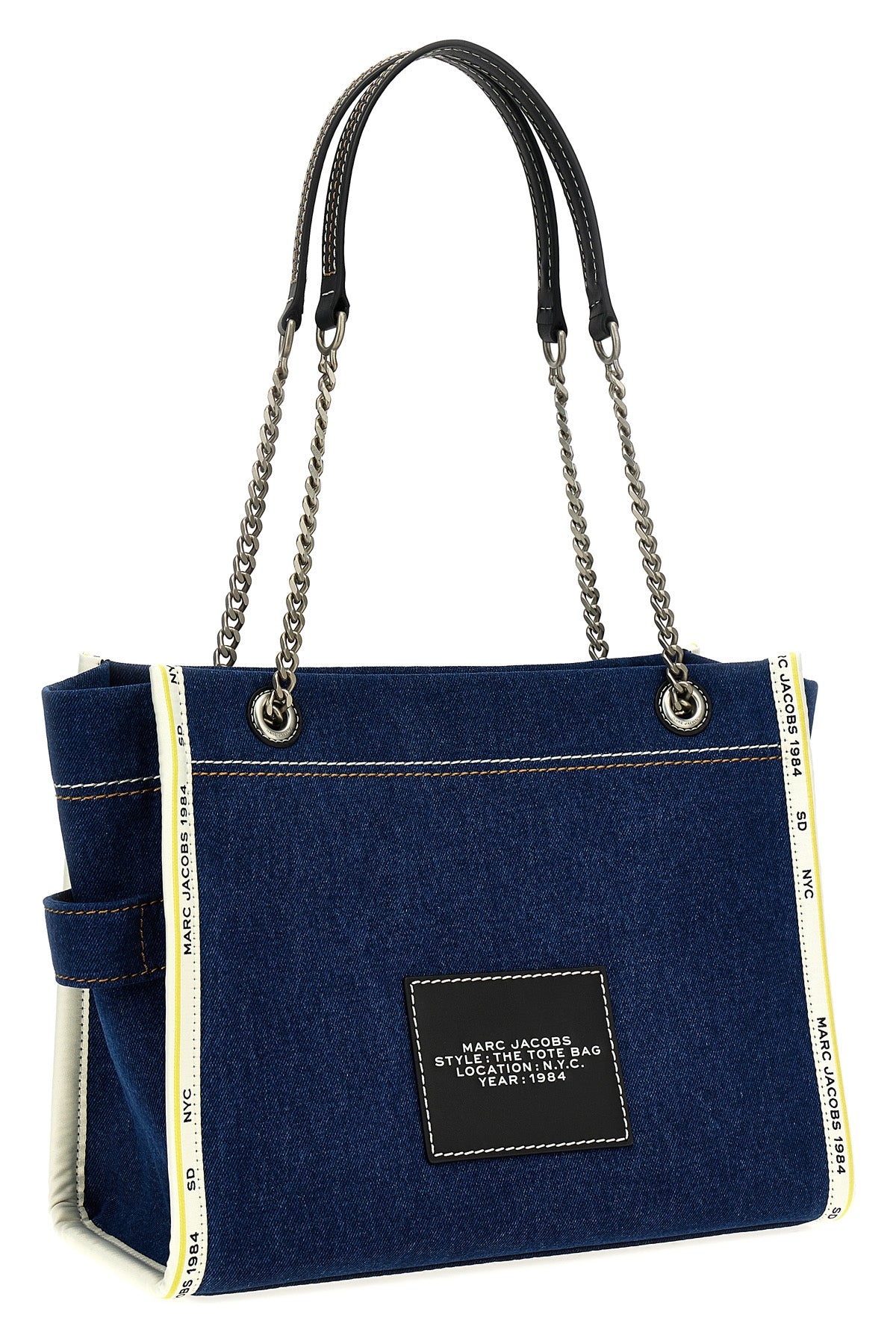 the denim chain medium tote shoulder bag in cotton denim