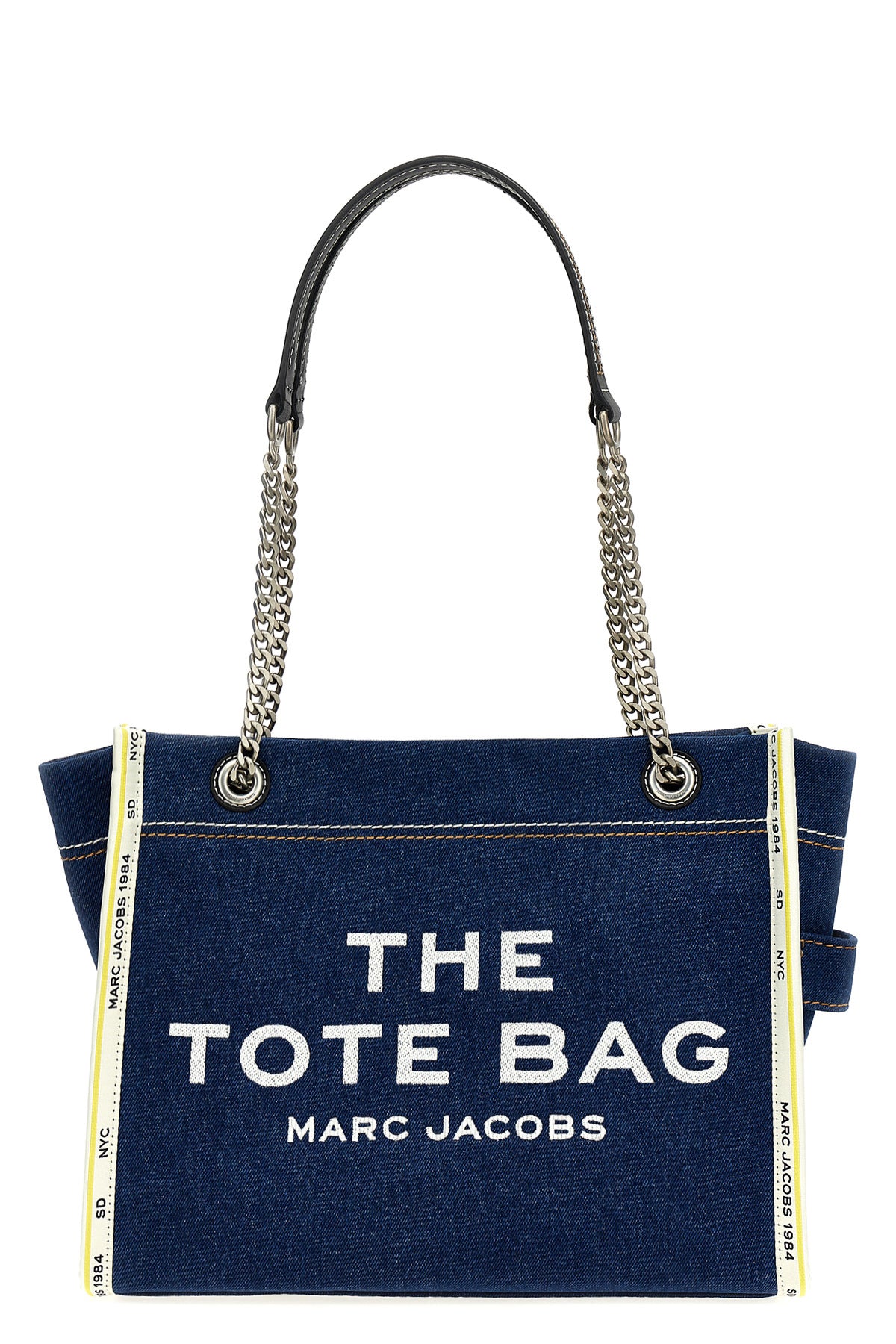 MARC JACOBS OS the denim chain medium tote shoulder bag in cotton denim