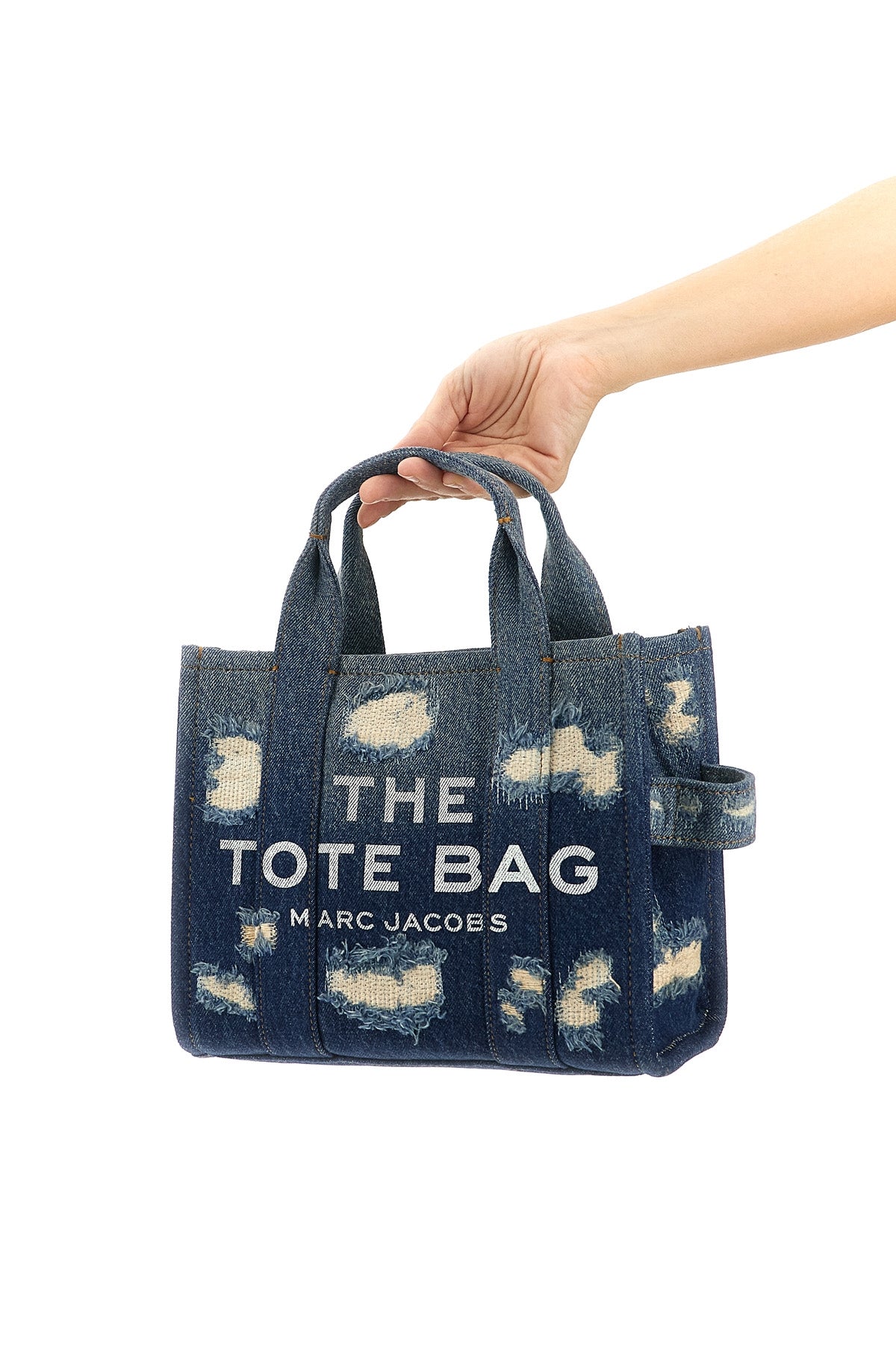 MARC JACOBS OS the rip and repair denim small tote shopping bag in used-effect cotton denim