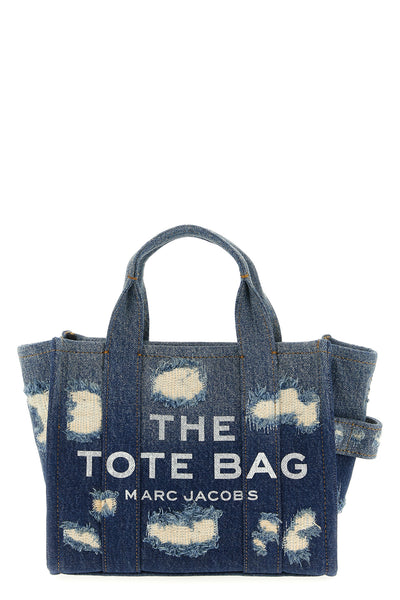 the rip and repair denim small tote shopping bag in used-effect cotton denim