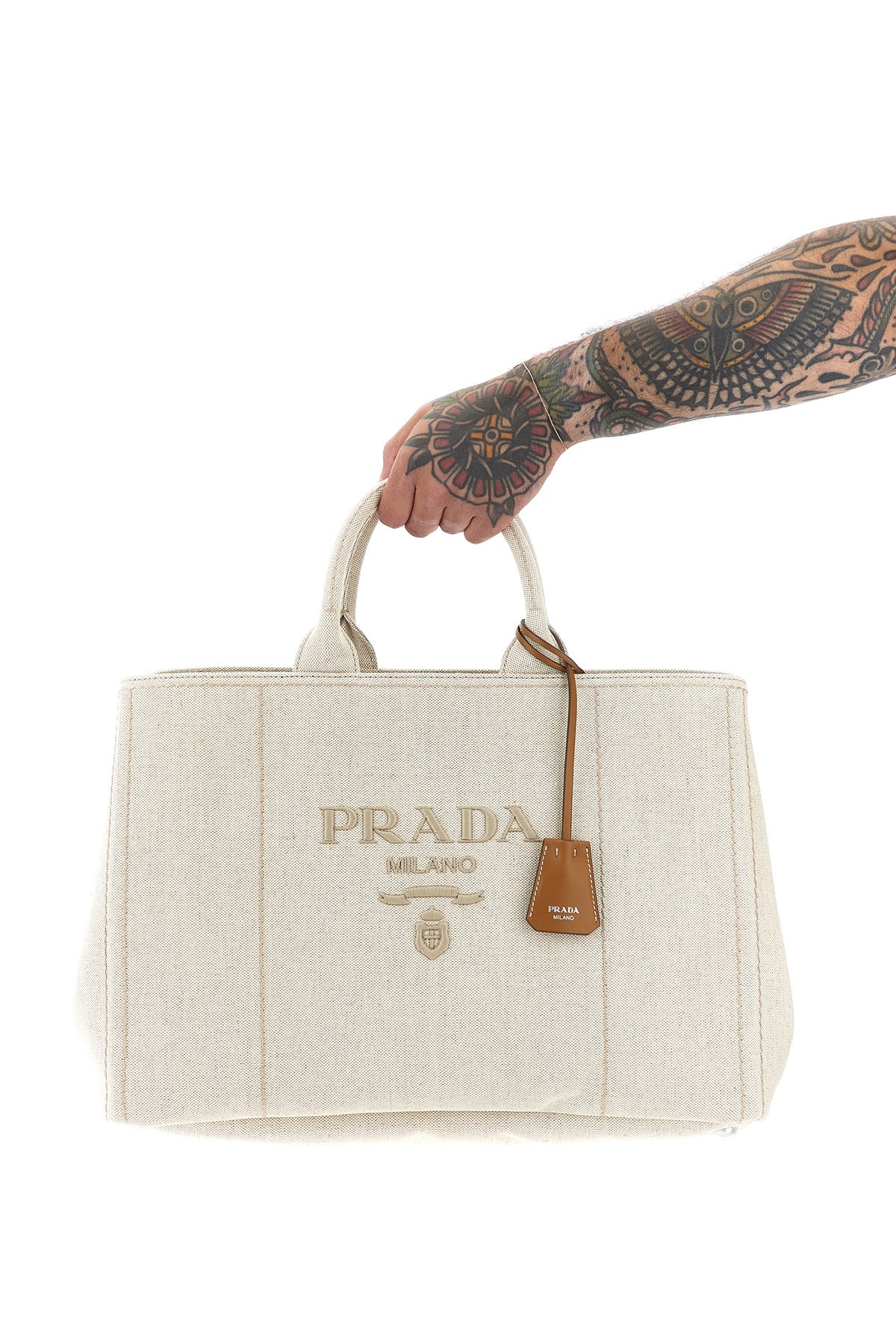 extra large prada jardinière shopping bag in cotton and linen blend
