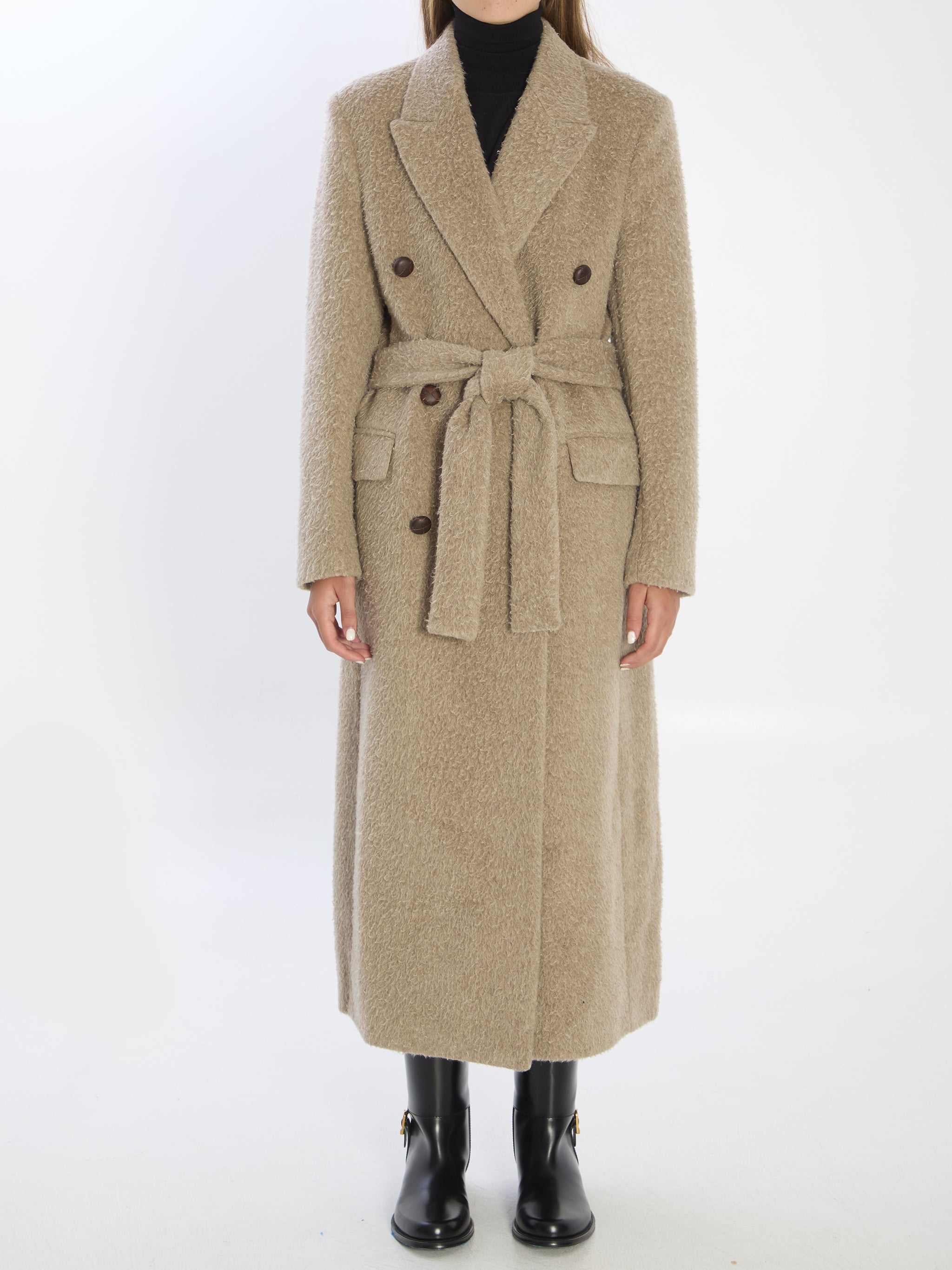greige double-breasted coat