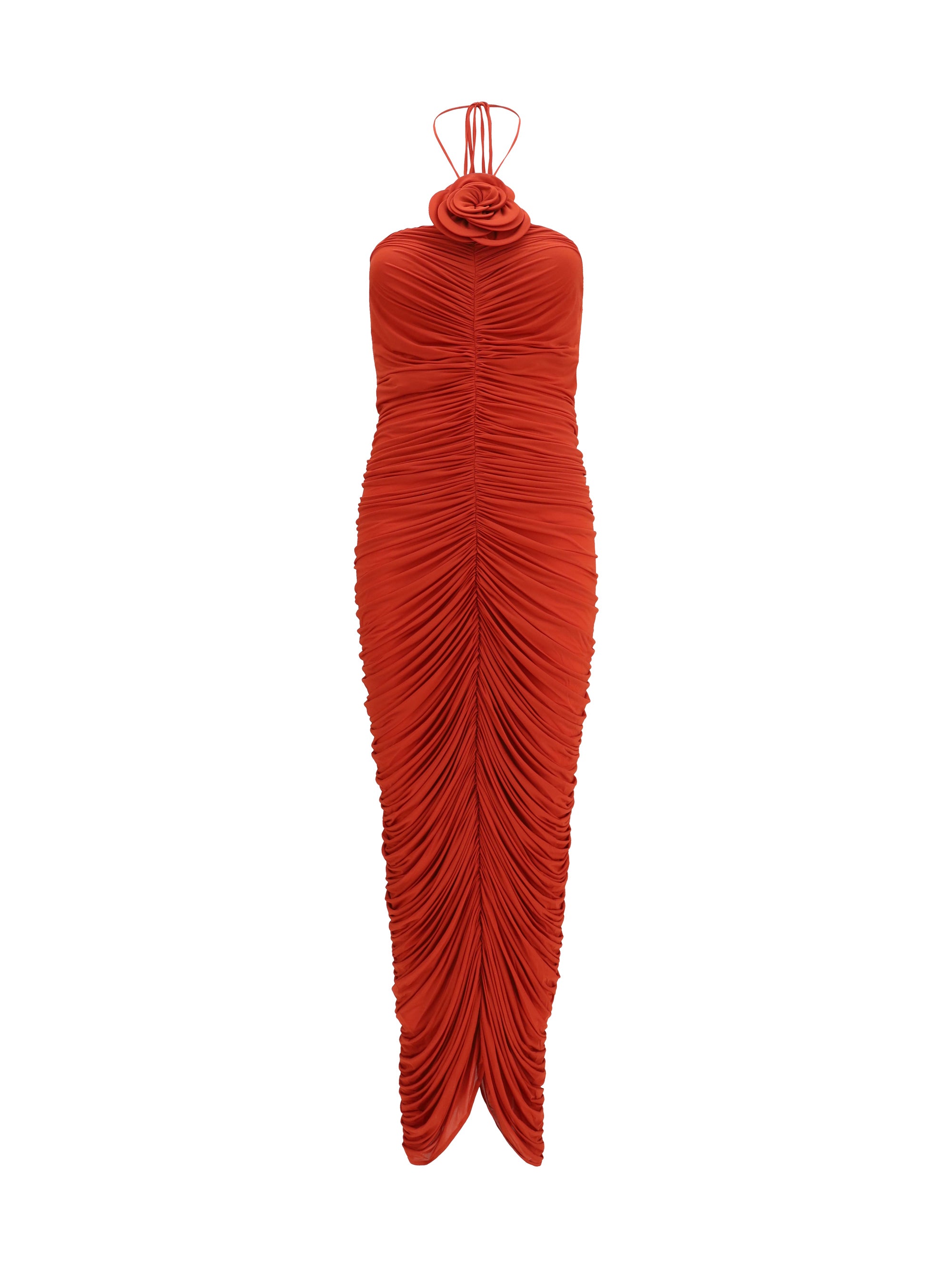 halterneck dress with floral ruching