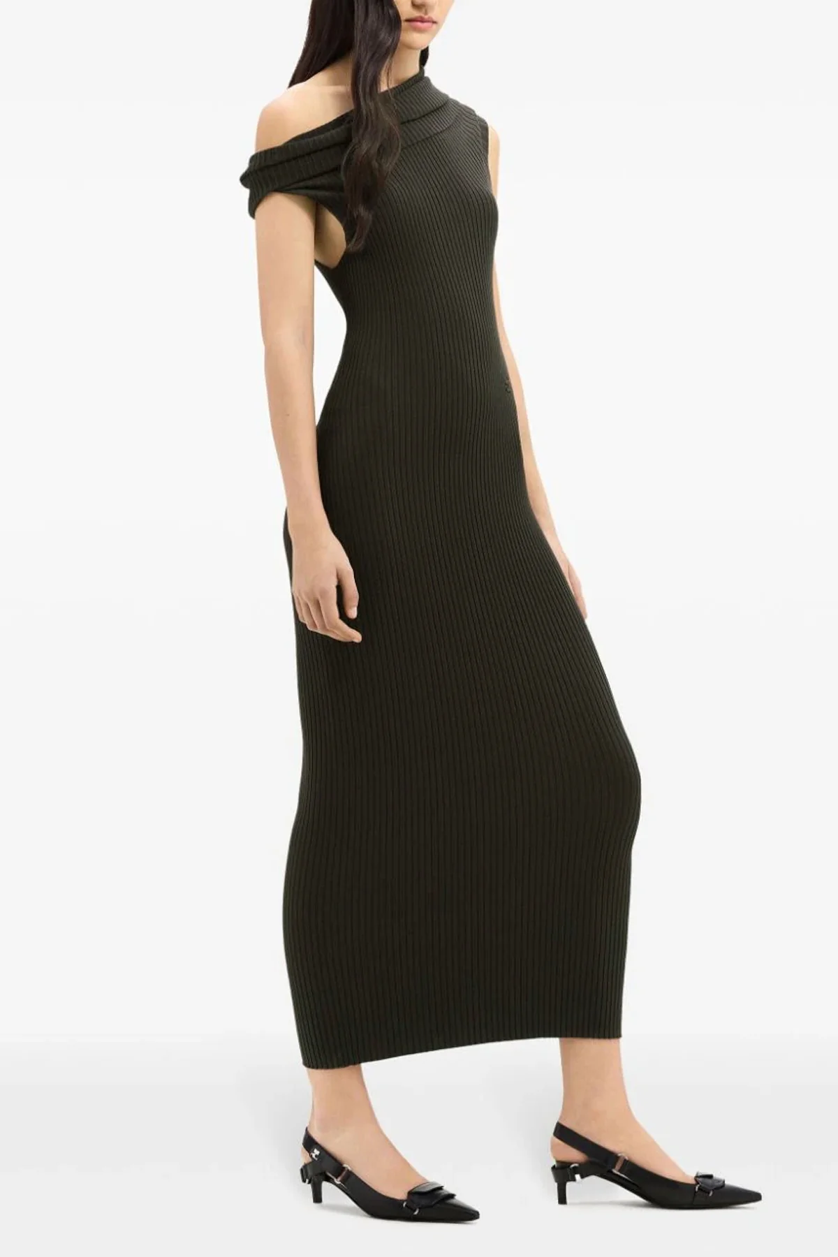 twist rib knit long sleeveless one-shoulder dress in ribbed viscose blend