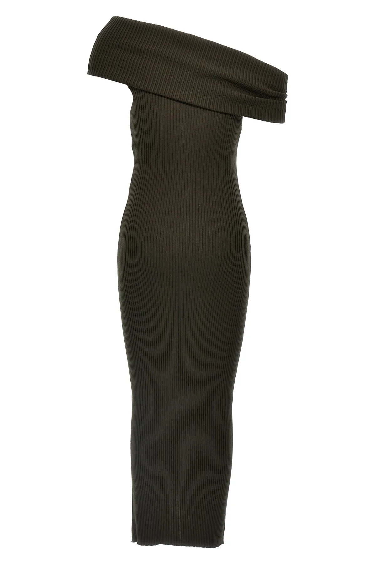 twist rib knit long sleeveless one-shoulder dress in ribbed viscose blend