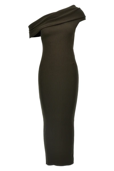 twist rib knit long sleeveless one-shoulder dress in ribbed viscose blend