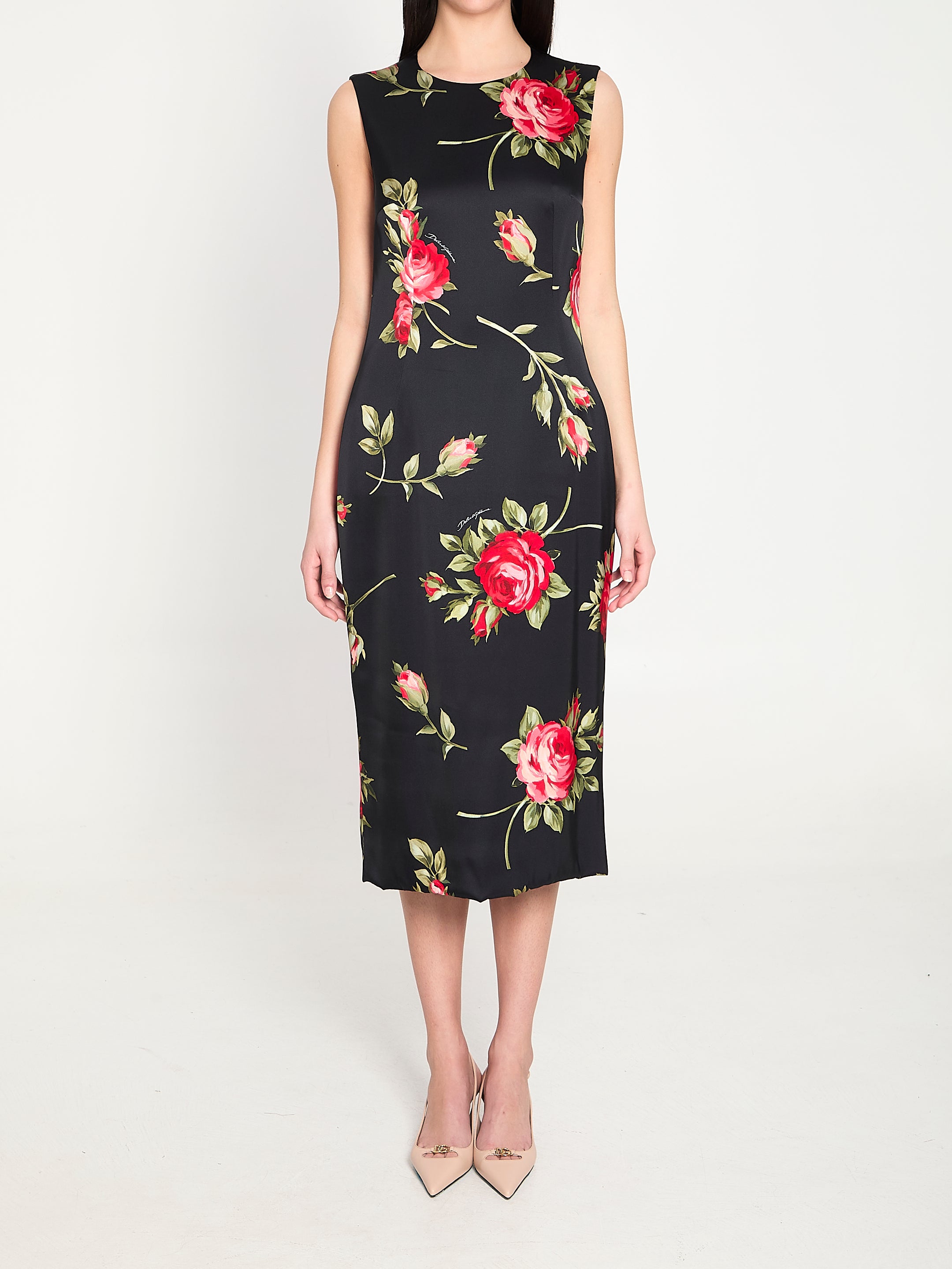 DOLCEamp;GABBANA 40 bouquet rose print satin midi dress