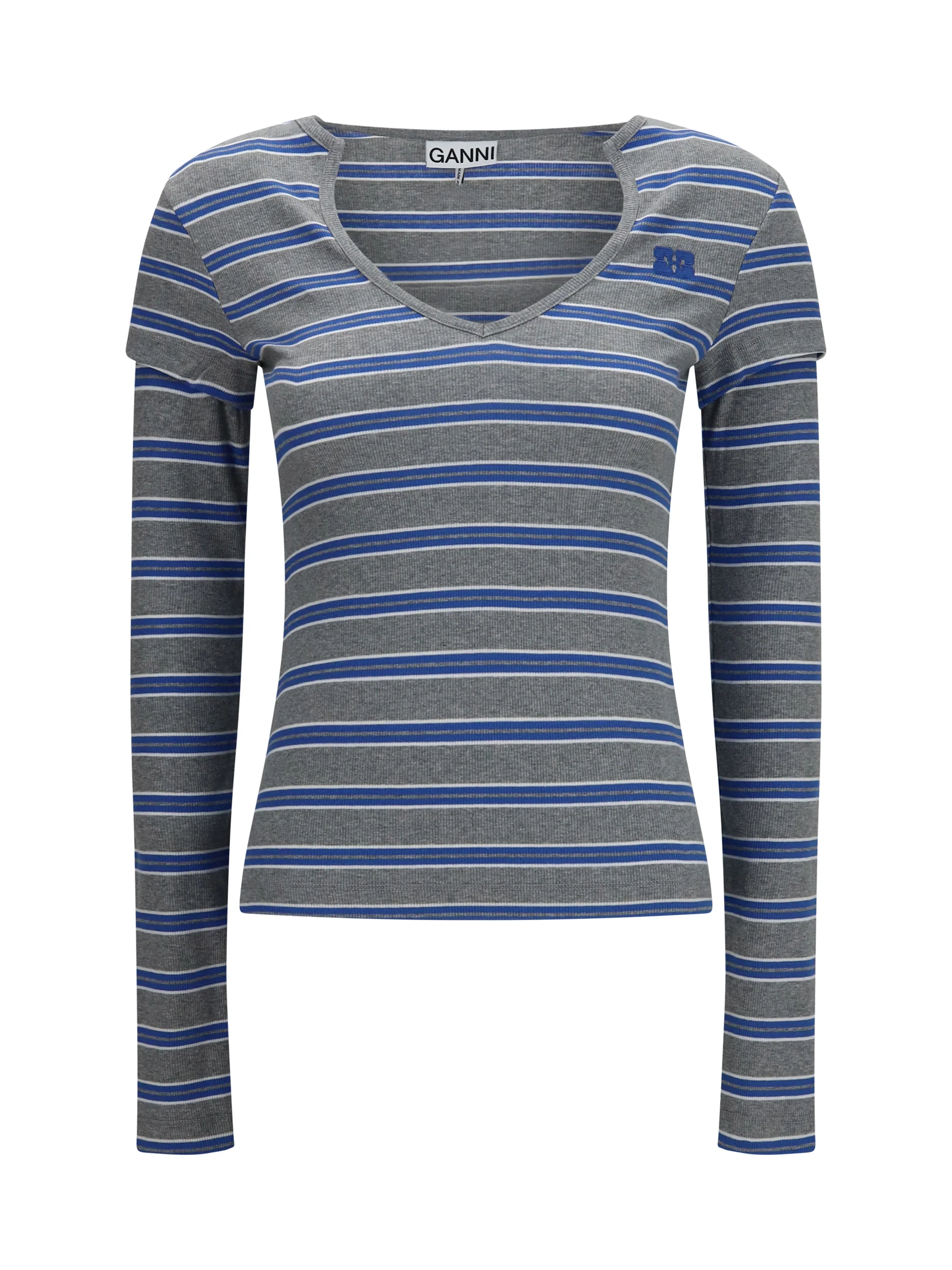 GANNI L ribbed v-neck long-sleeve t-shirt