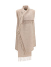 high-neck wool cape with concealed closure and fringes