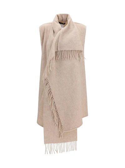 high-neck wool cape with concealed closure and fringes