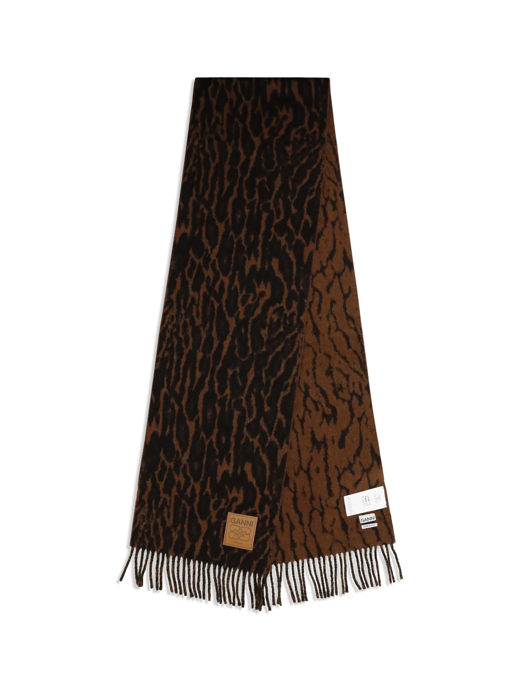 GANNI OS leopard print wool scarf with logo and fringes
