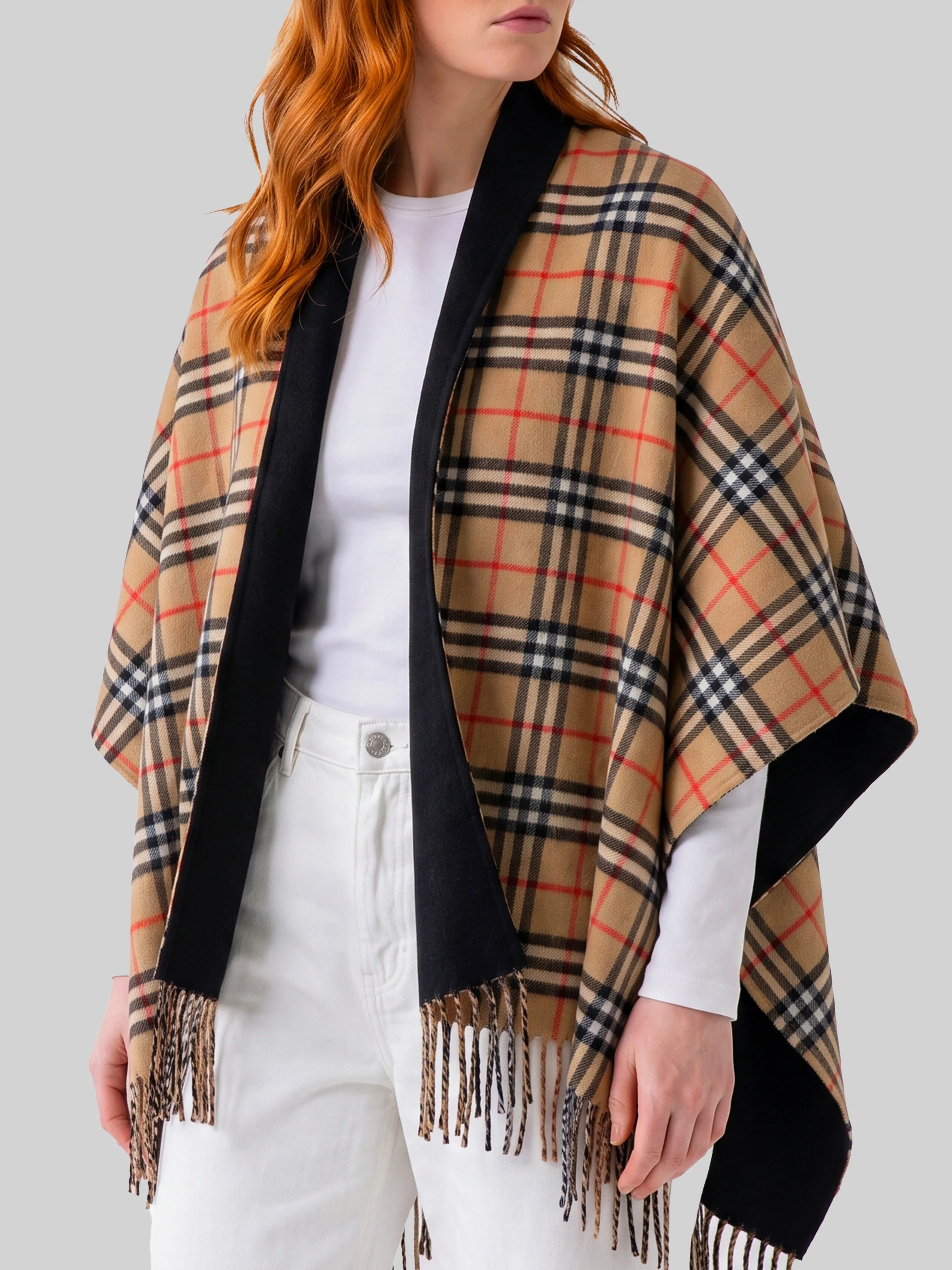 reversible check wool cape