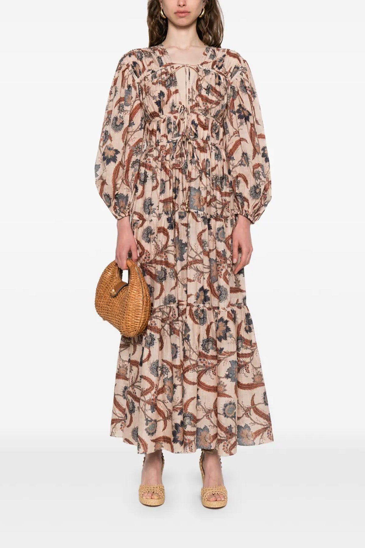 ZIMMERMANN 0 long ascension tie billow maxi dress in all-over floral indienne blue patterne