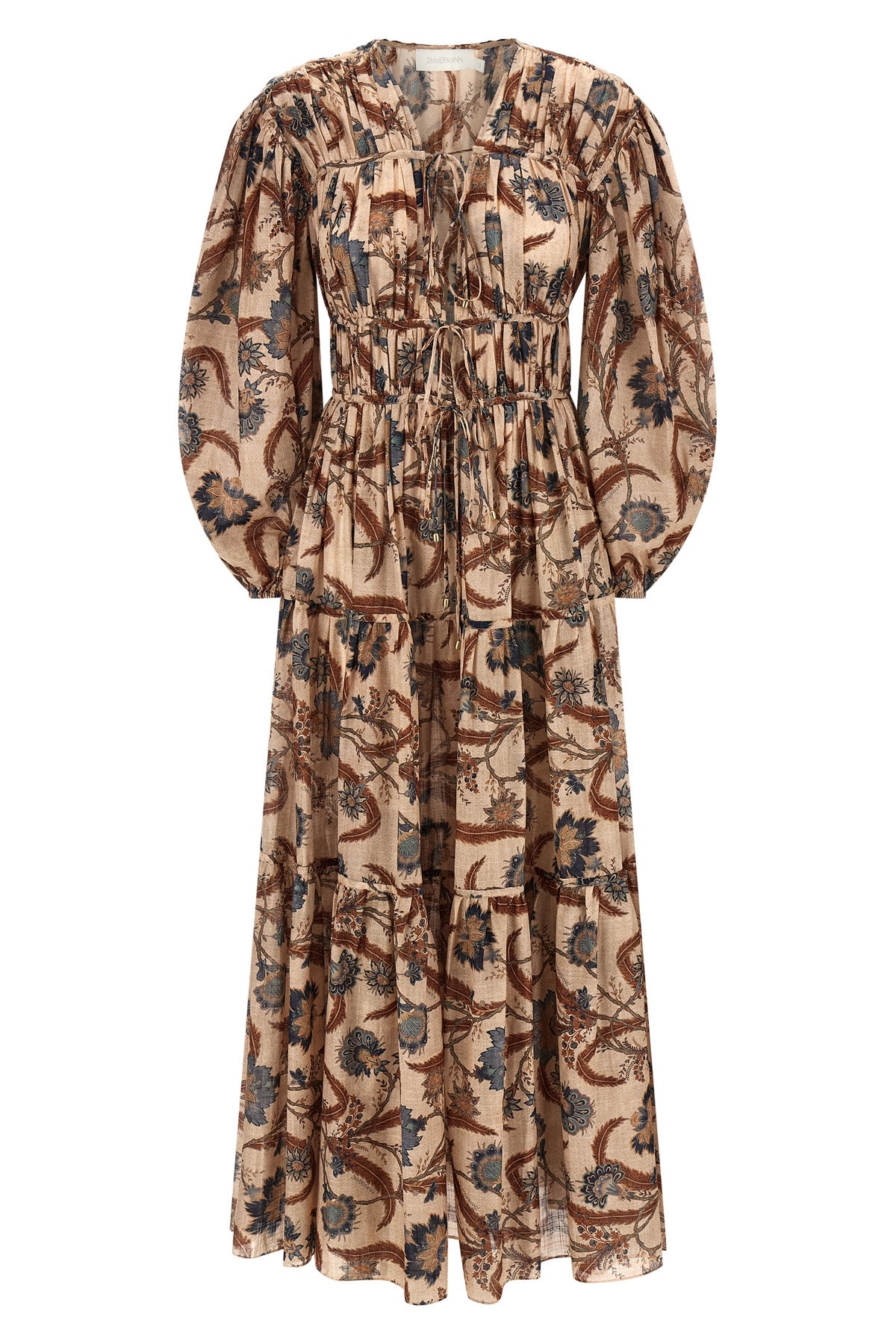 ZIMMERMANN 0 long ascension tie billow maxi dress in all-over floral indienne blue patterne