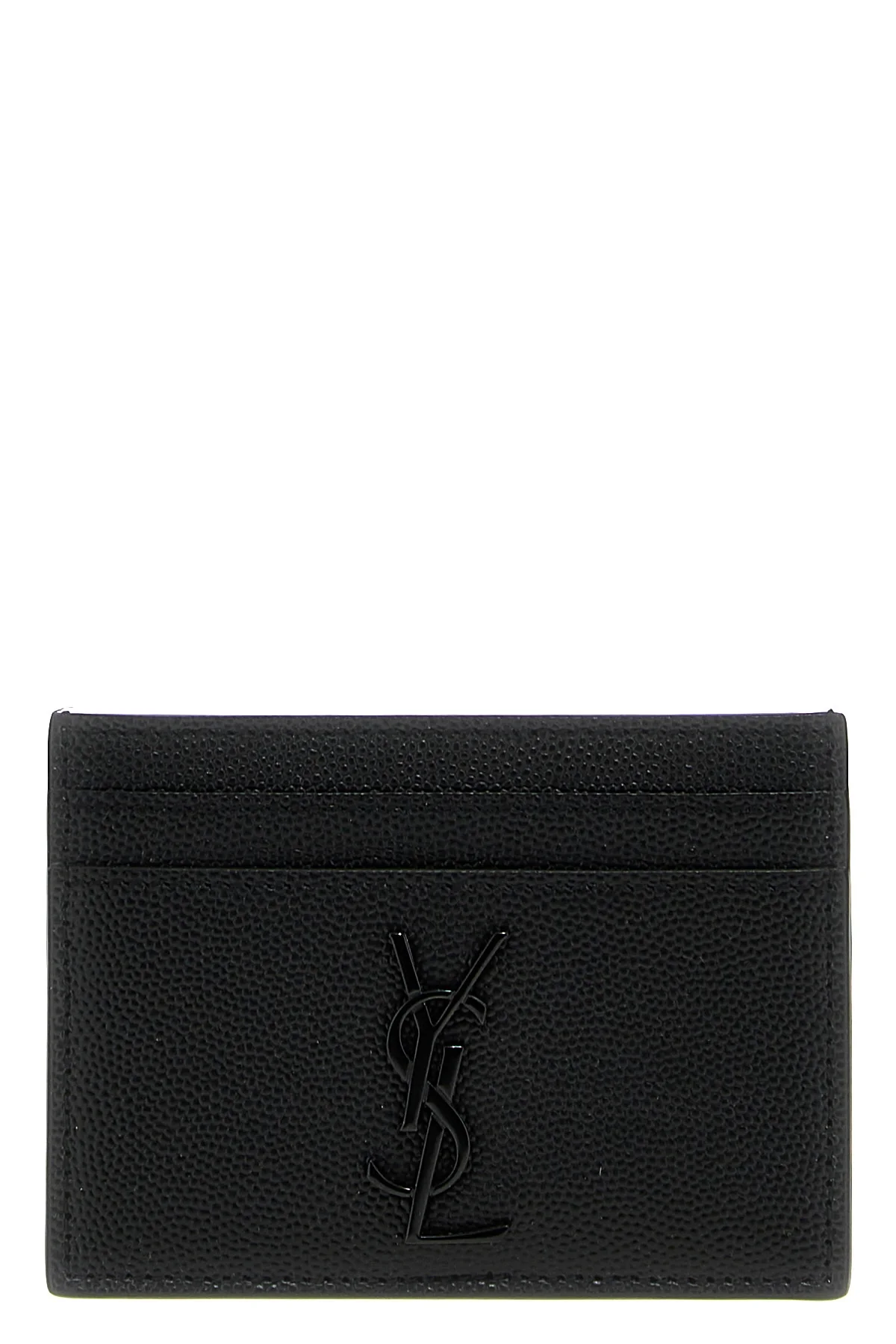 SAINT LAURENT OS black leather grain de poudre metallic logo tone on tone