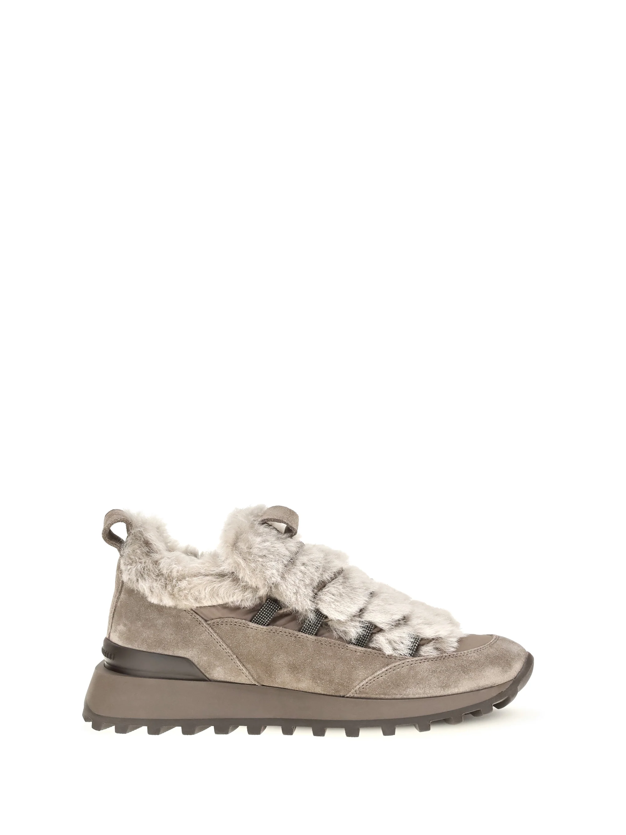 BRUNELLO CUCINELLI 36 suede and tech cotton sneakers with shearling lining and monili detail