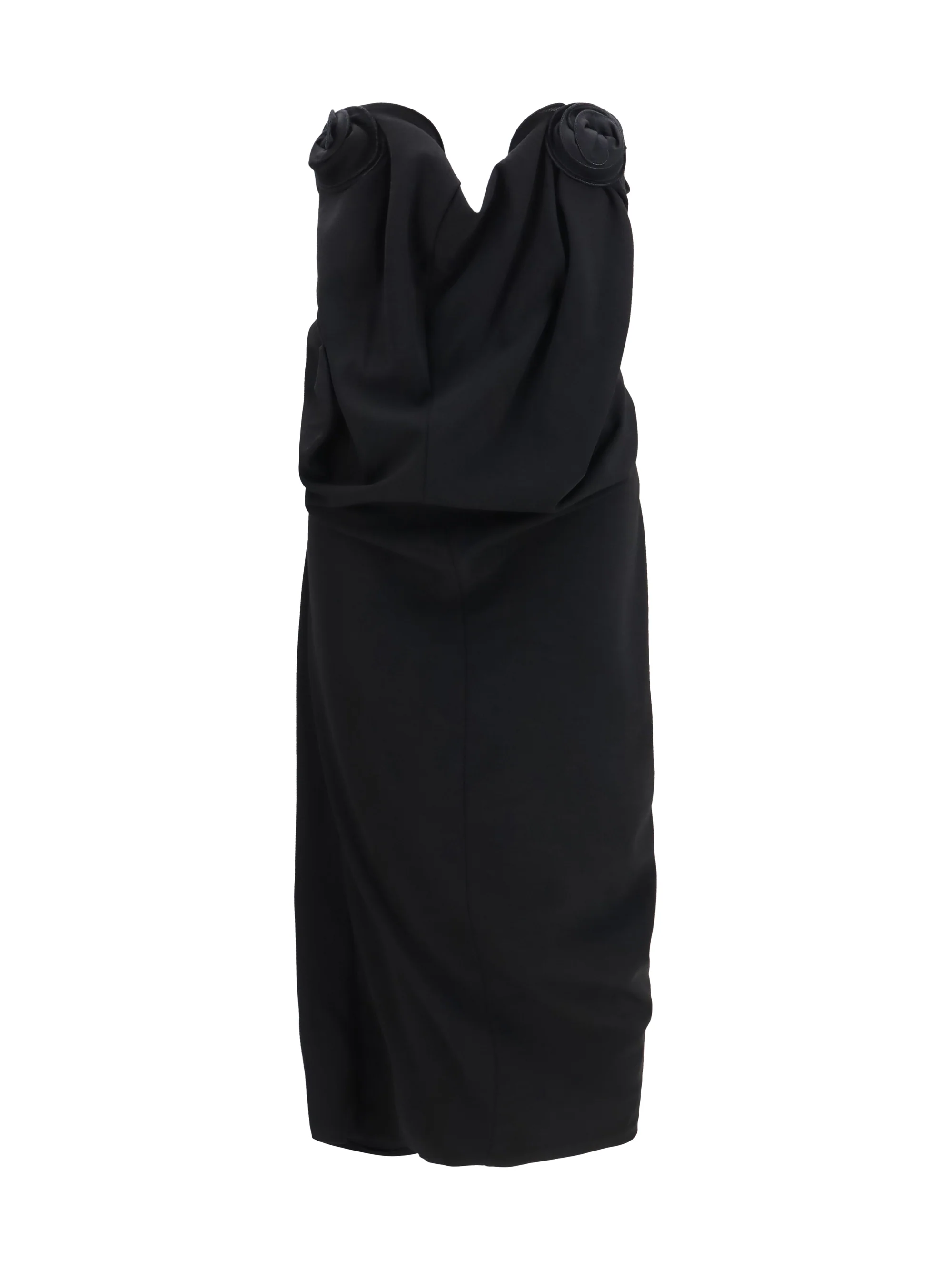 draped dress with sculptural floral details