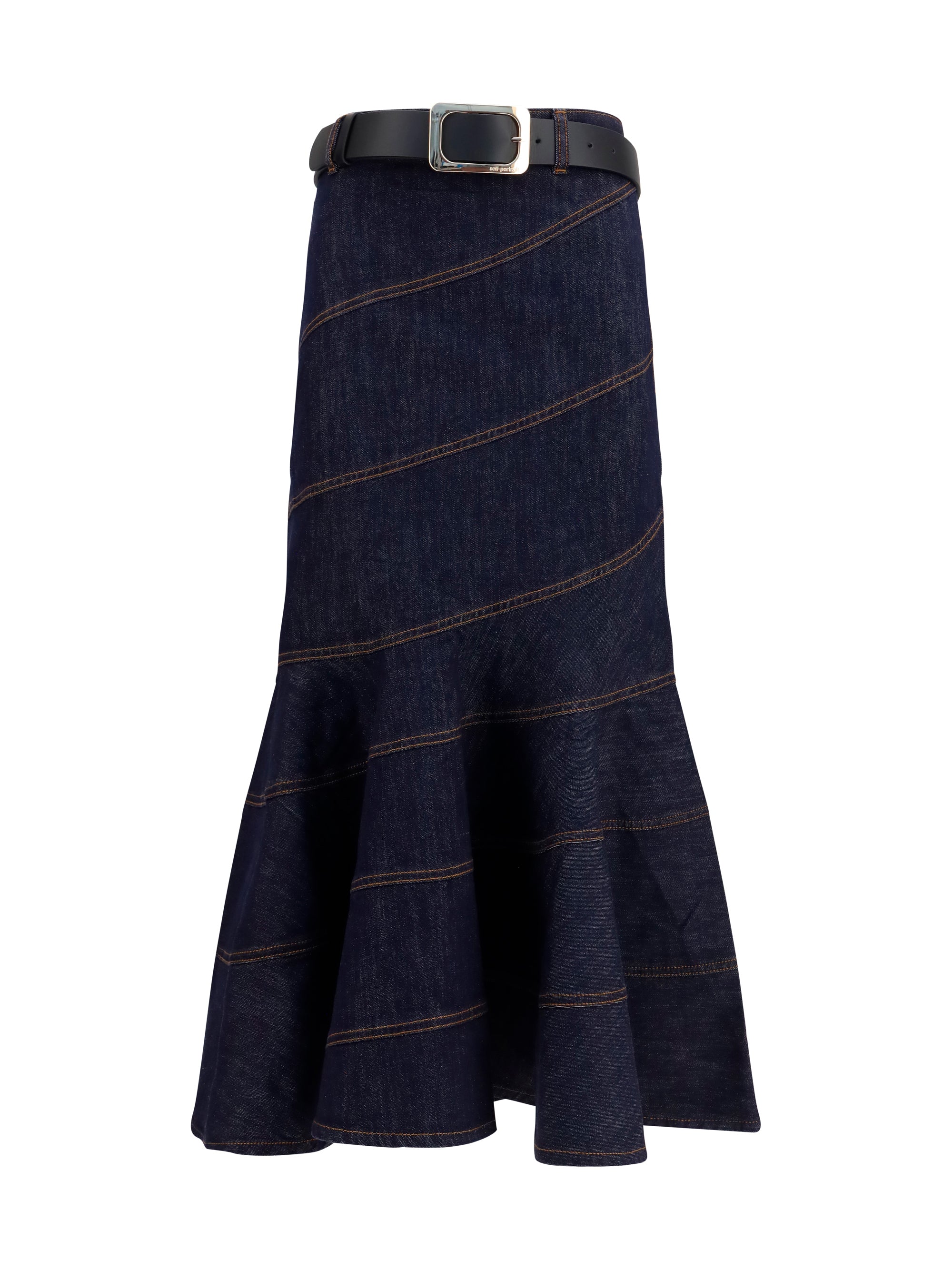 SELF-PORTRAIT 10 denim midi skirt with belt 