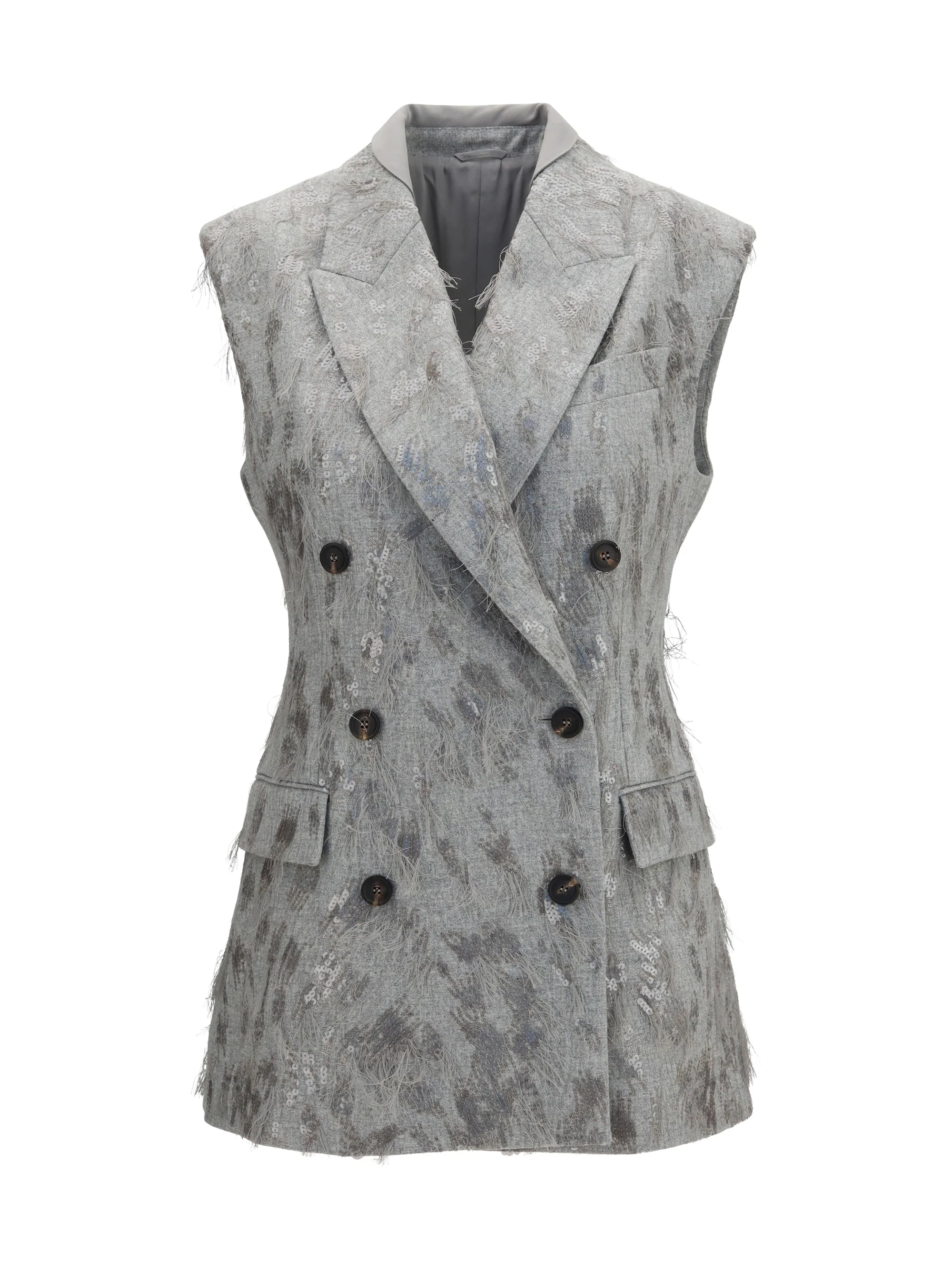 BRUNELLO CUCINELLI 40 gilet in virgin wool and cashmere twill flannel with dazzling lynx embroidery