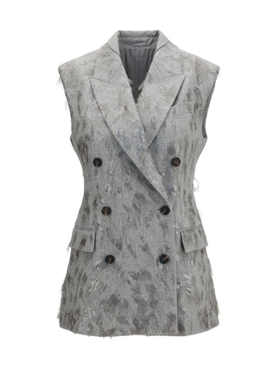 gilet in virgin wool and cashmere twill flannel with dazzling lynx embroidery