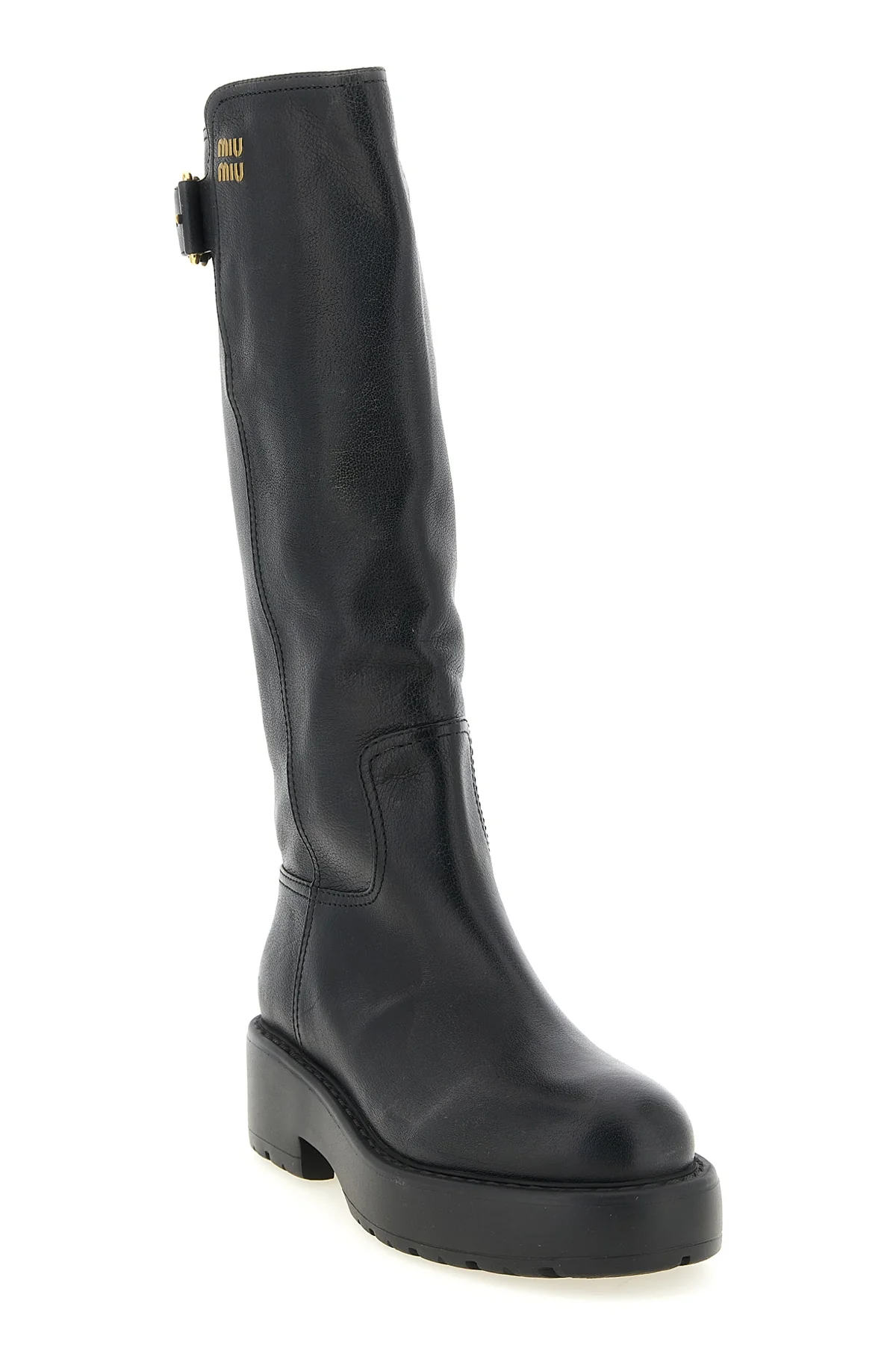 MIU MIU 37 miu miu high boots in fine black buffalo leather feature a structured model clea