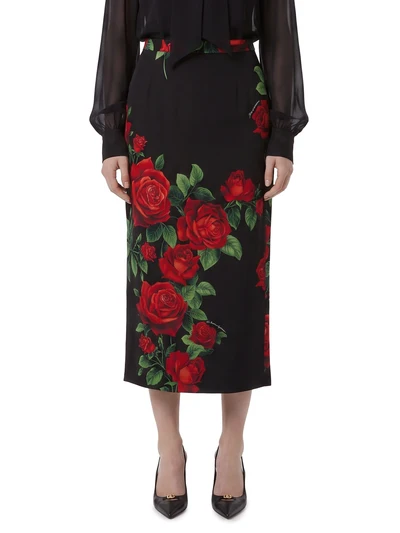 red rose print midi skirt