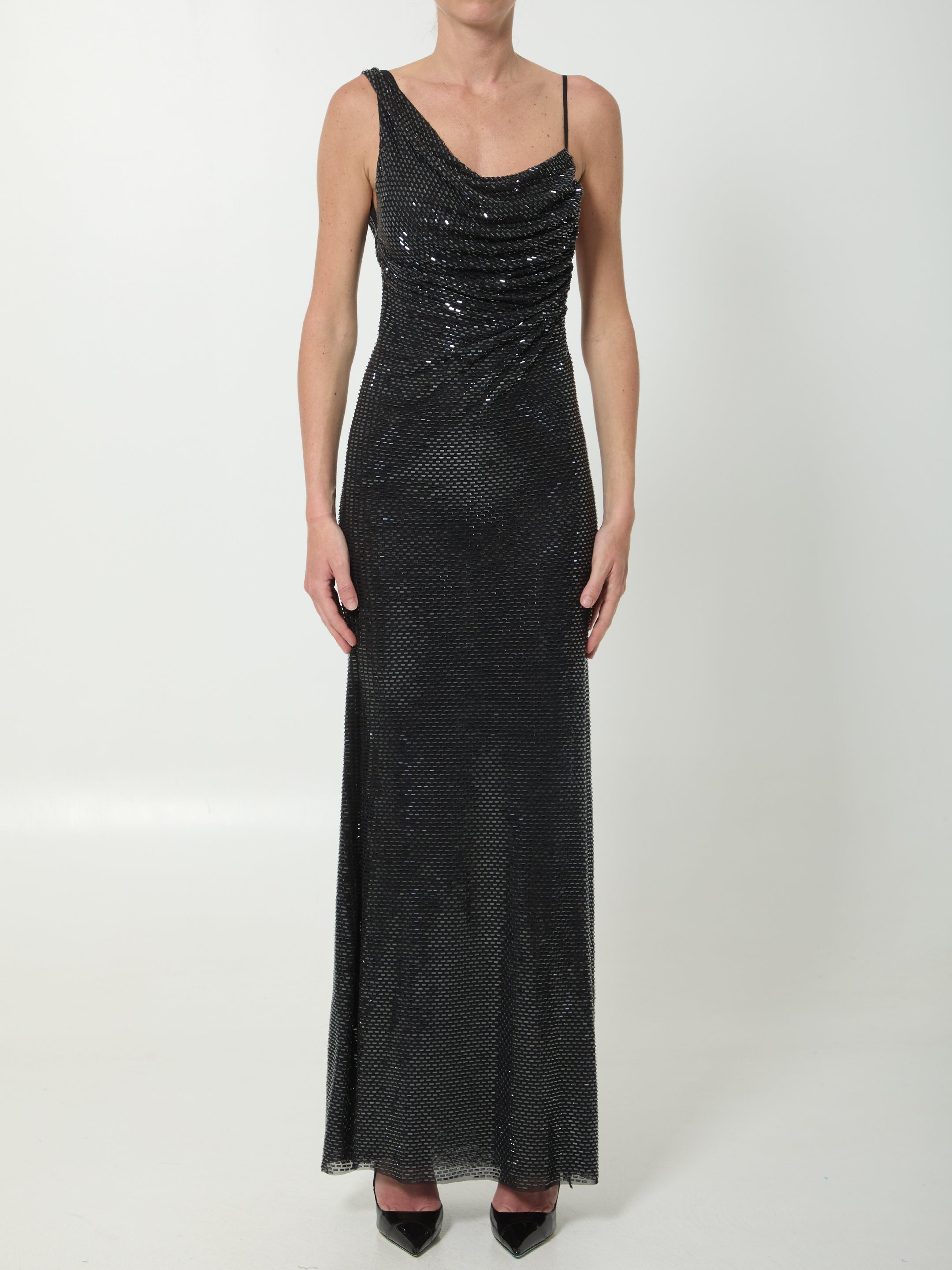 SELF PORTRAIT 6 black rhinestones draped maxi dress