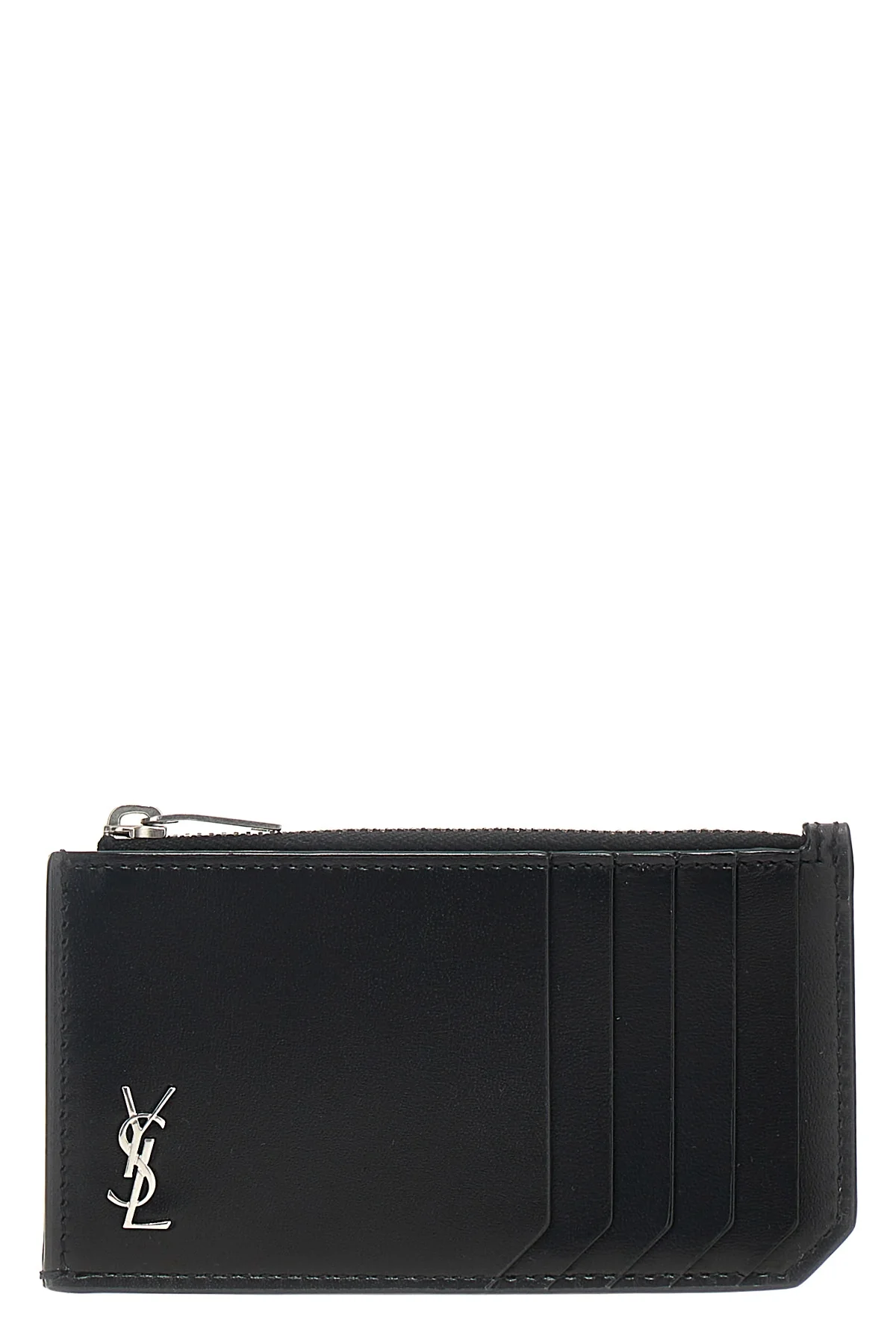 SAINT LAURENT OS black leather cuir glacè mat zip metallic silver logo