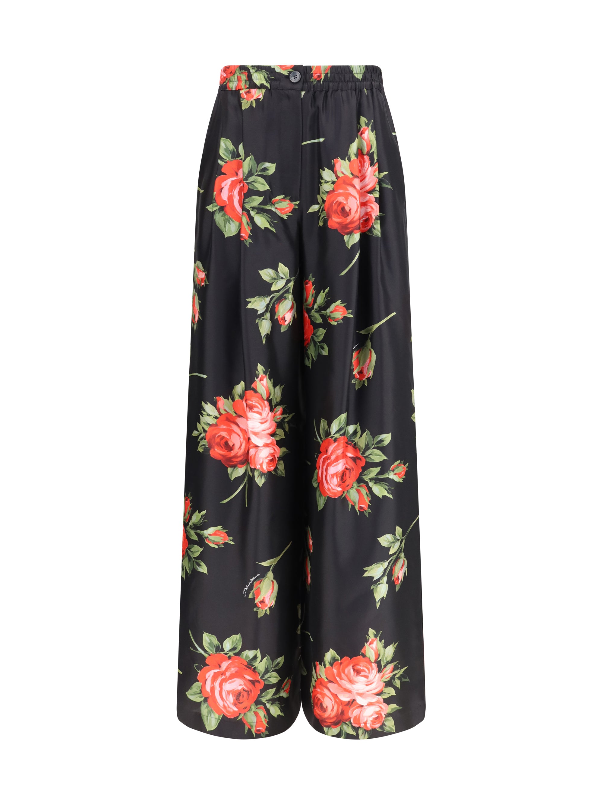 wide-leg pants with a rose bouquet print