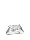 dustbag clutch bag with floral appliqués