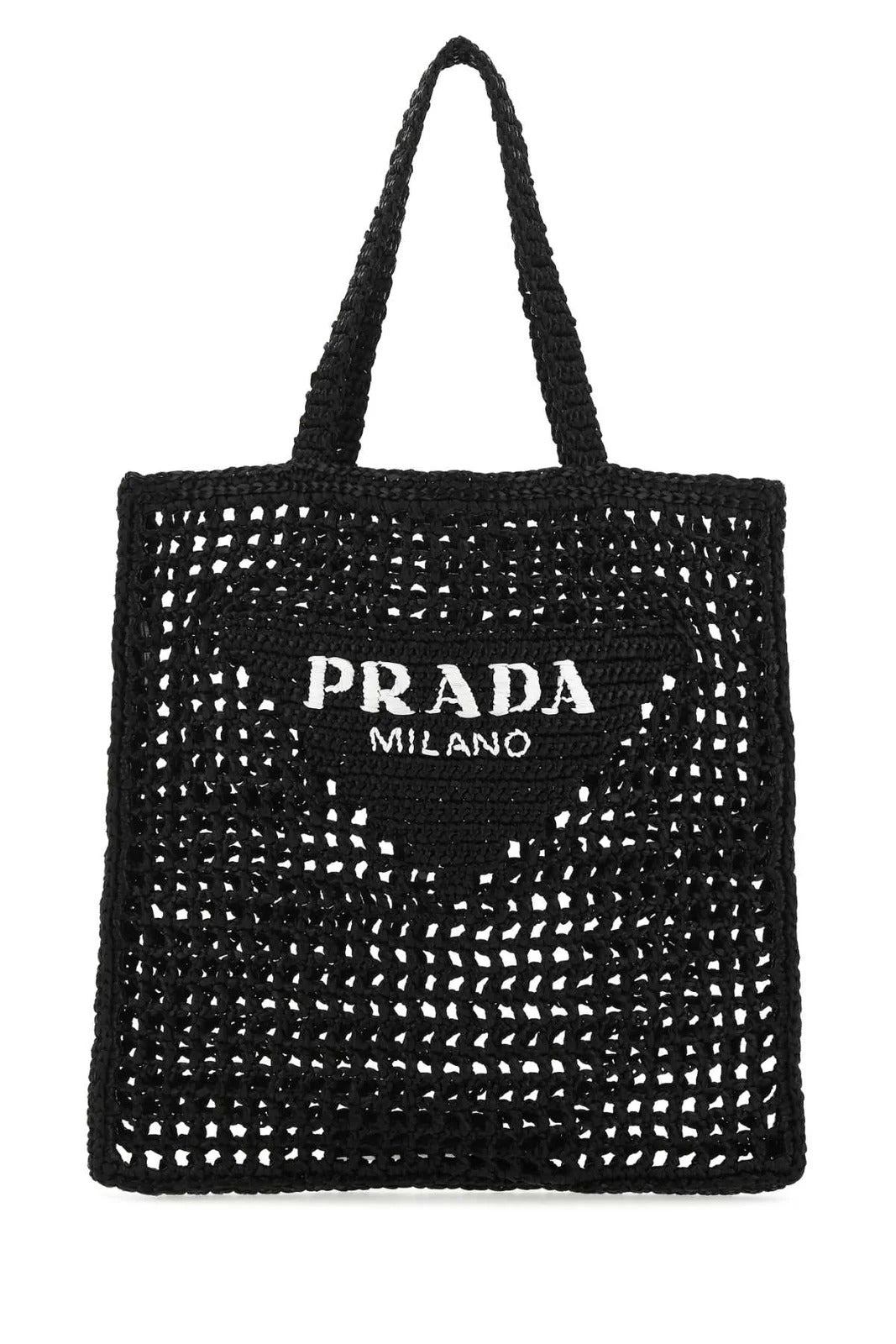 PRADA Logo Embroidered Crochet Raffia Tote – Black