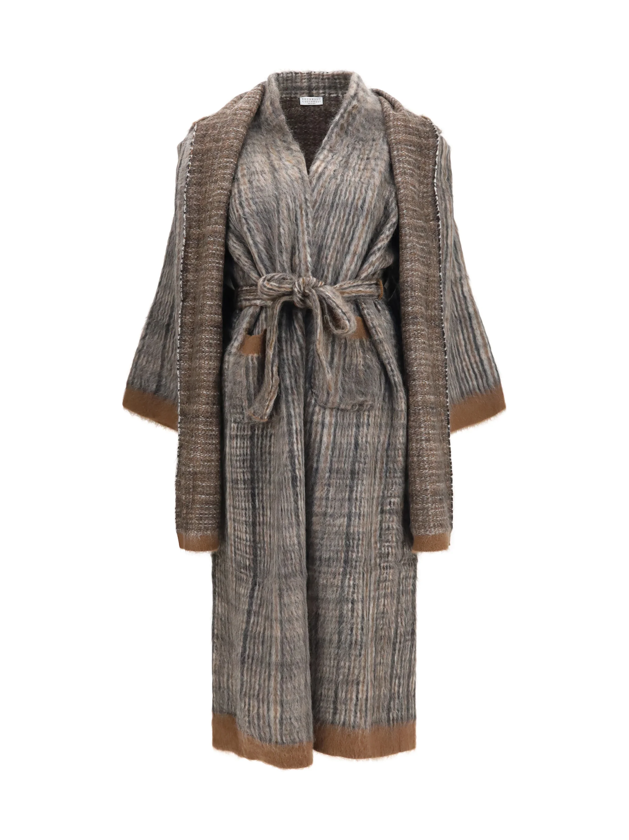 BRUNELLO CUCINELLI M prince of wales double-knit mohair and wool coat with scarf