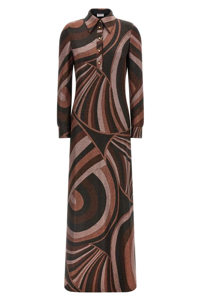 the long pucci dress defines a tight silhouette through a sophisticated processi