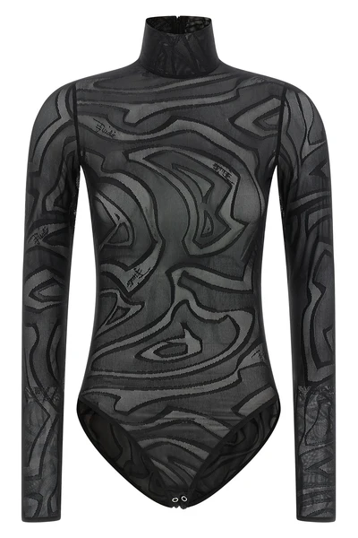 the pucci bodysuit defines a tight silhouette through a sophisticated semi-trans