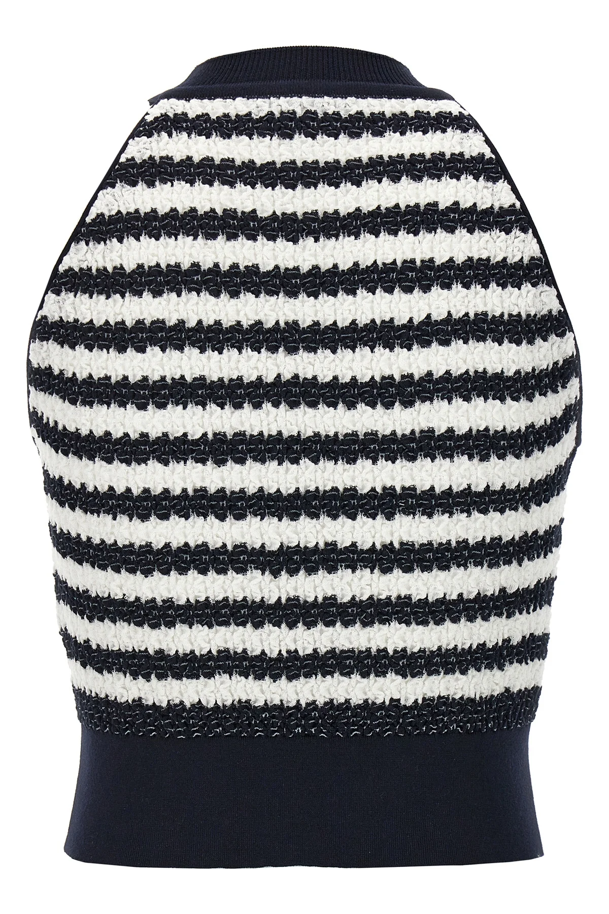 laura owens sleeveless top in striped wrinkle fabric