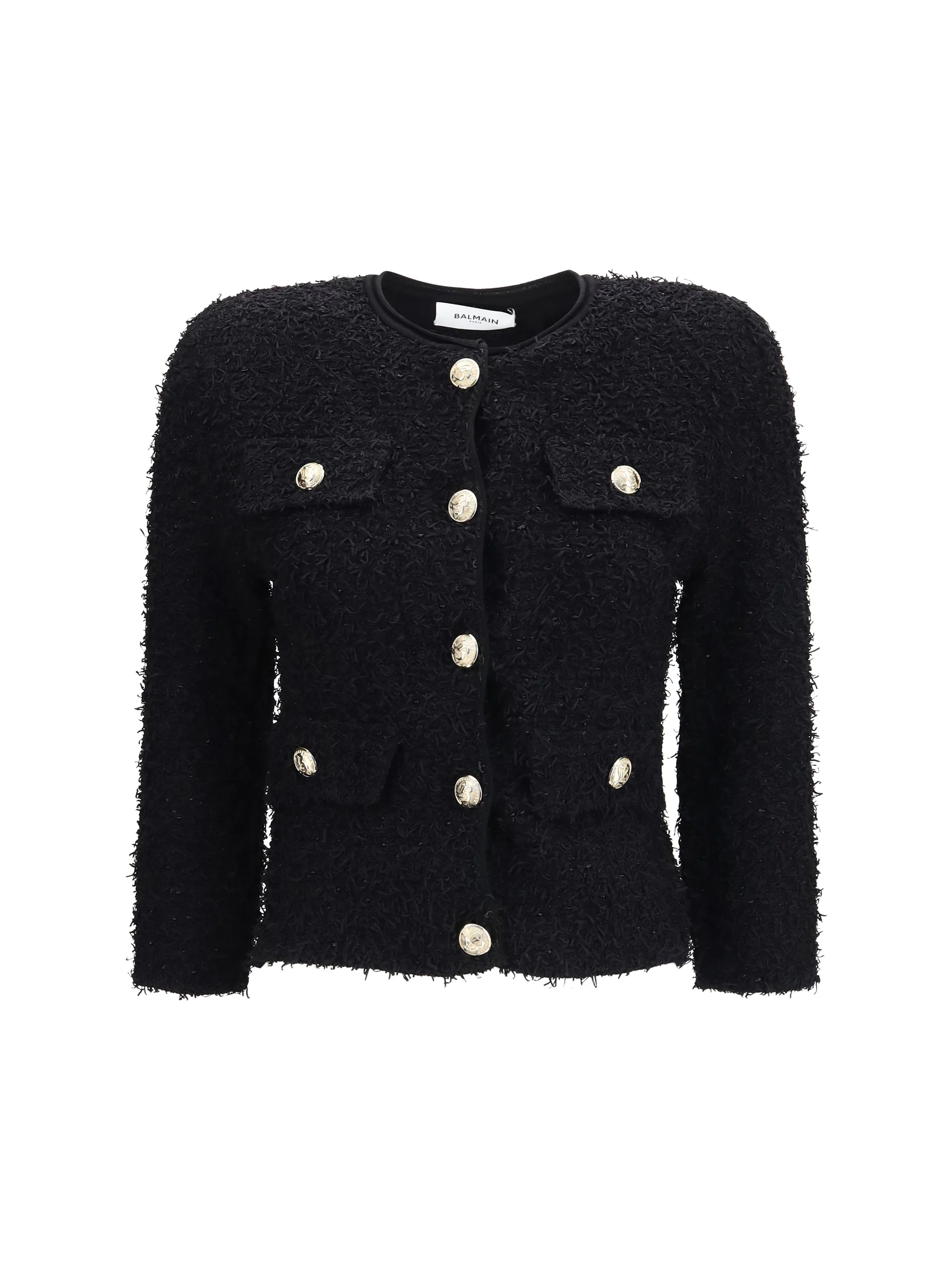 BALMAIN 36 double-breasted tweed cropped jacket with logo buttons