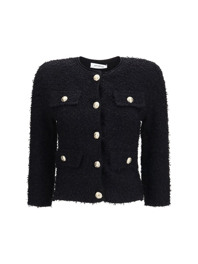 double-breasted tweed cropped jacket with logo buttons