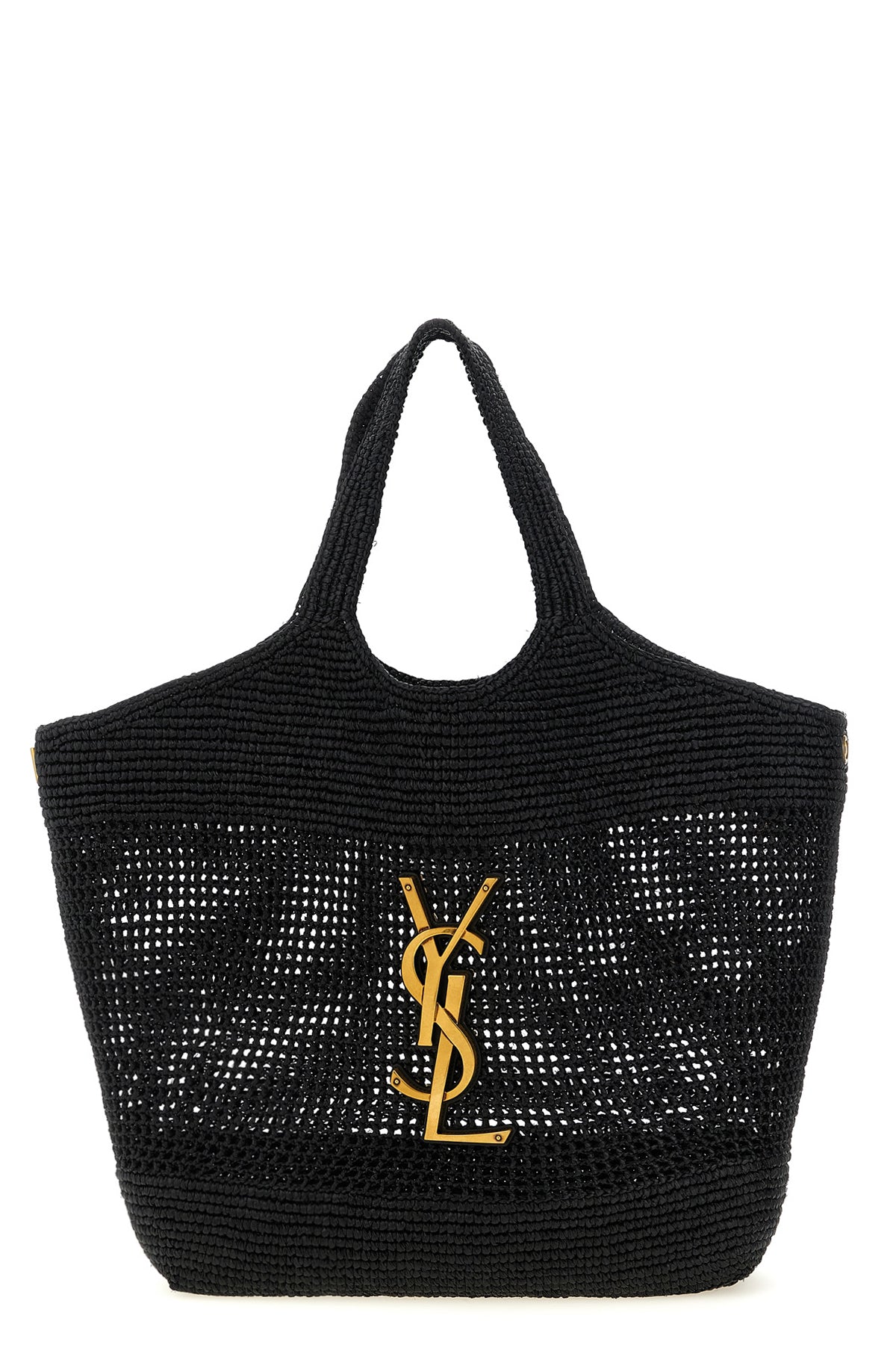 SAINT LAURENT OS icare shopping bag in natural raffia and hand-crocheted vegetable tanned leath