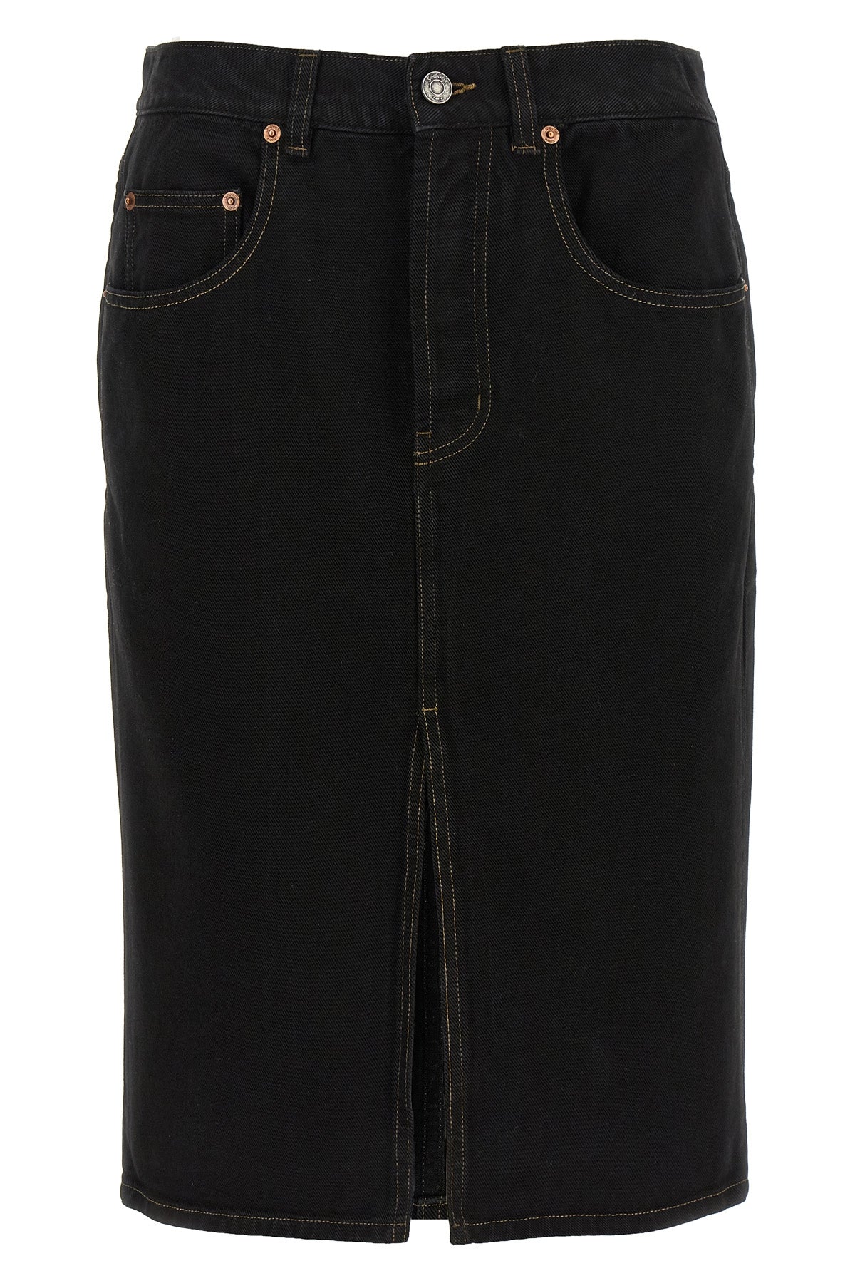 SAINT LAURENT 25 midi skirt in deep sea wash cotton denim