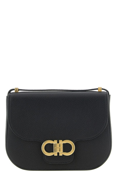 the ferragamo north-south double gancini shoulder bag in fine black hammered c