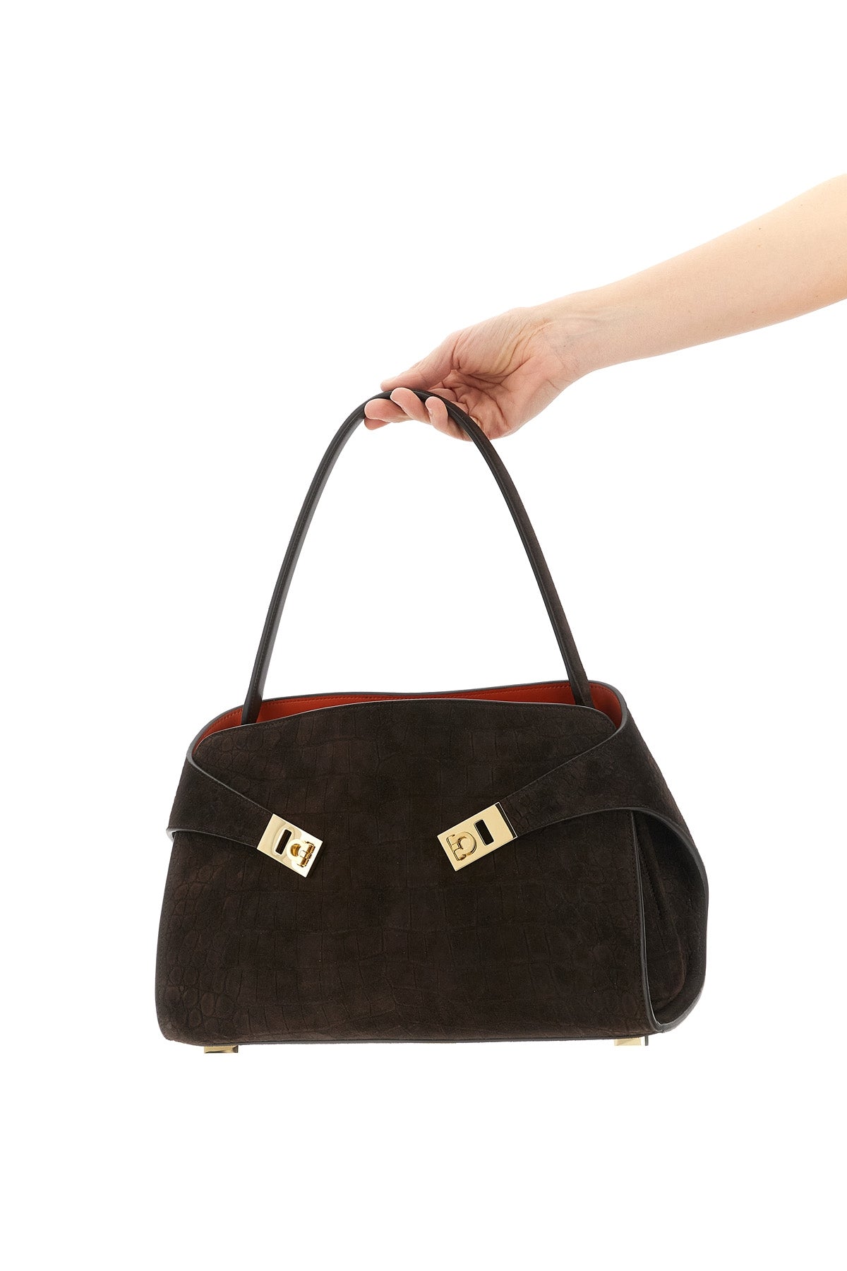FERRAGAMO OS hug soft (m) crocodile-print suede shoulder bag