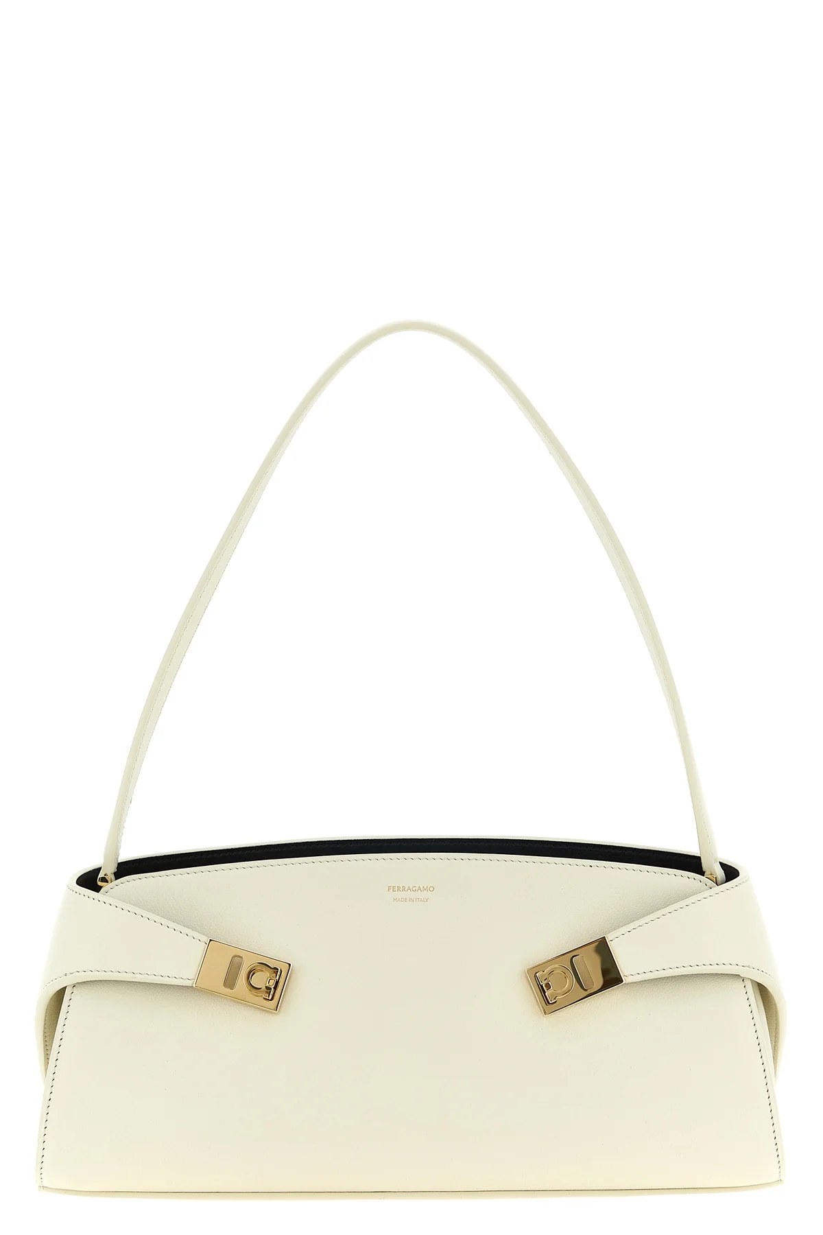 the ferragamo hug east-west shoulder bag in calf leather embodies sculptural e