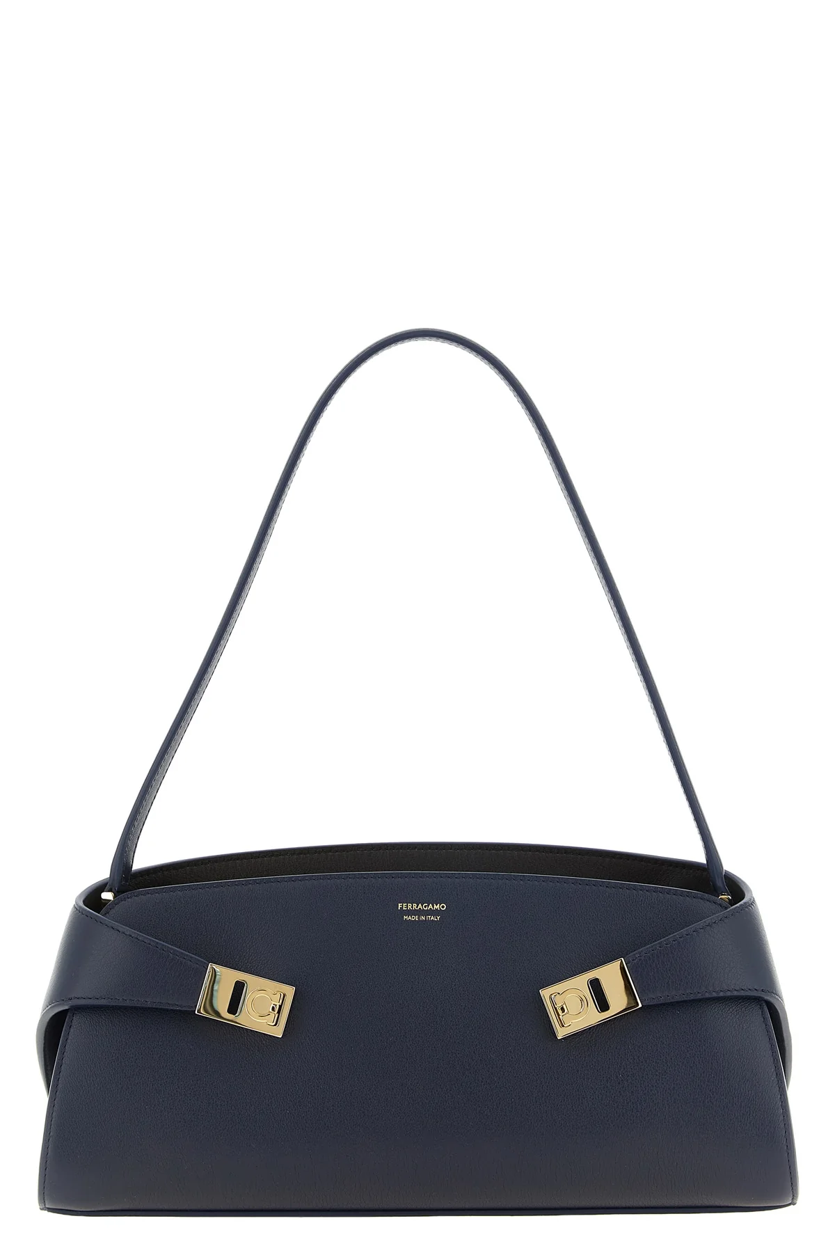 the ferragamo hug east-west shoulder bag stands out for its structured silhoue