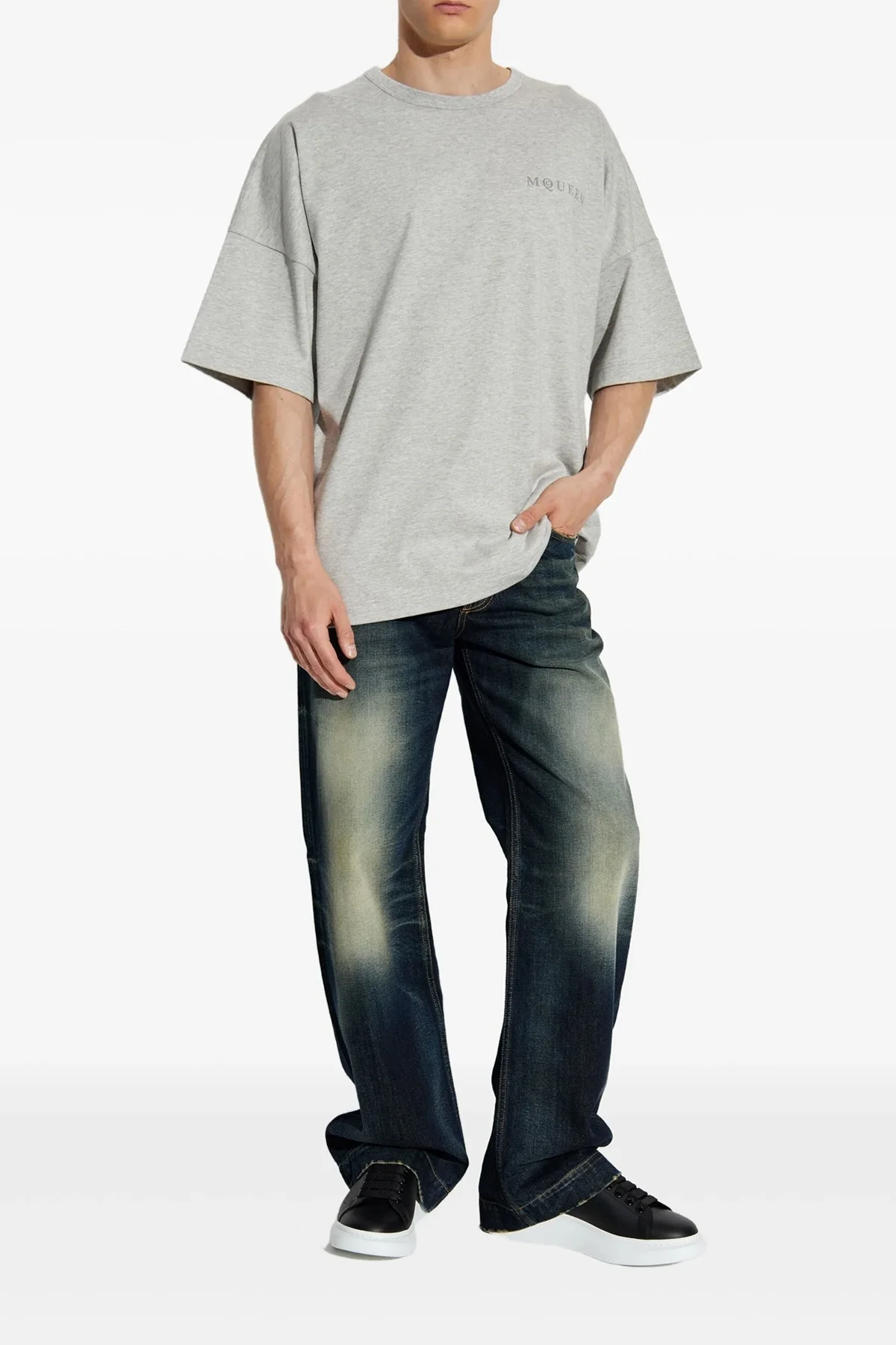 MCQUEEN 50 five-pocket used-effect stonewashed cotton denim jeans