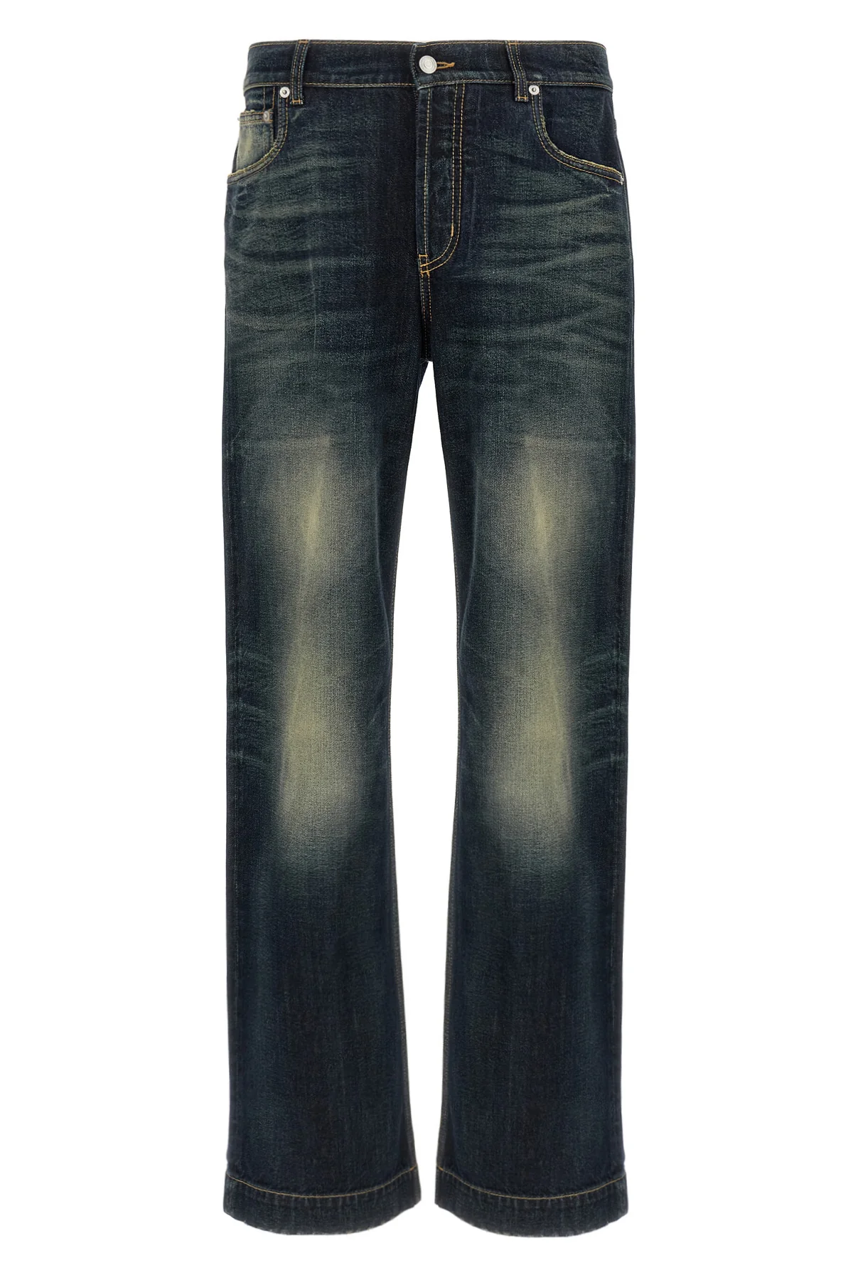 five-pocket used-effect stonewashed cotton denim jeans