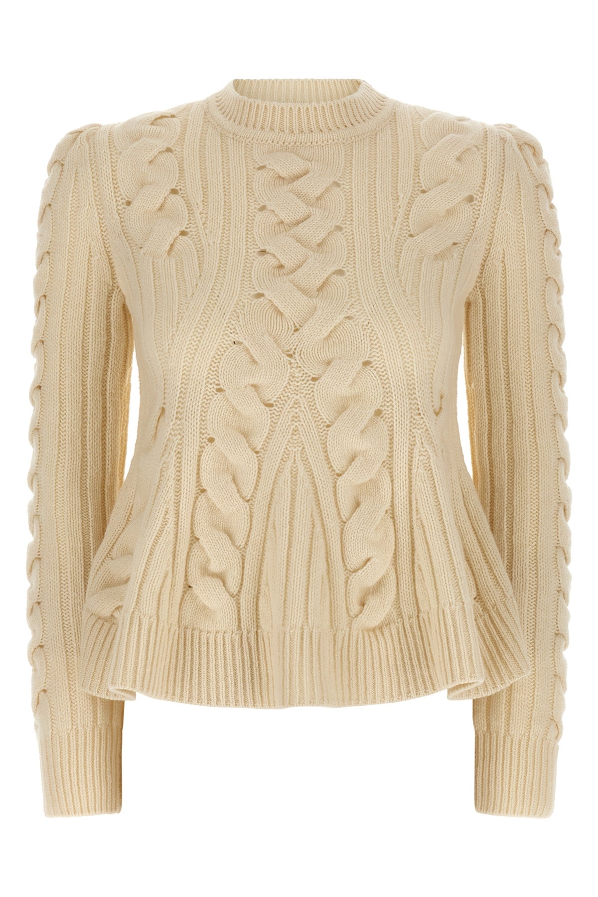 MCQUEEN S peplum cable wool and cashmere blend sweater