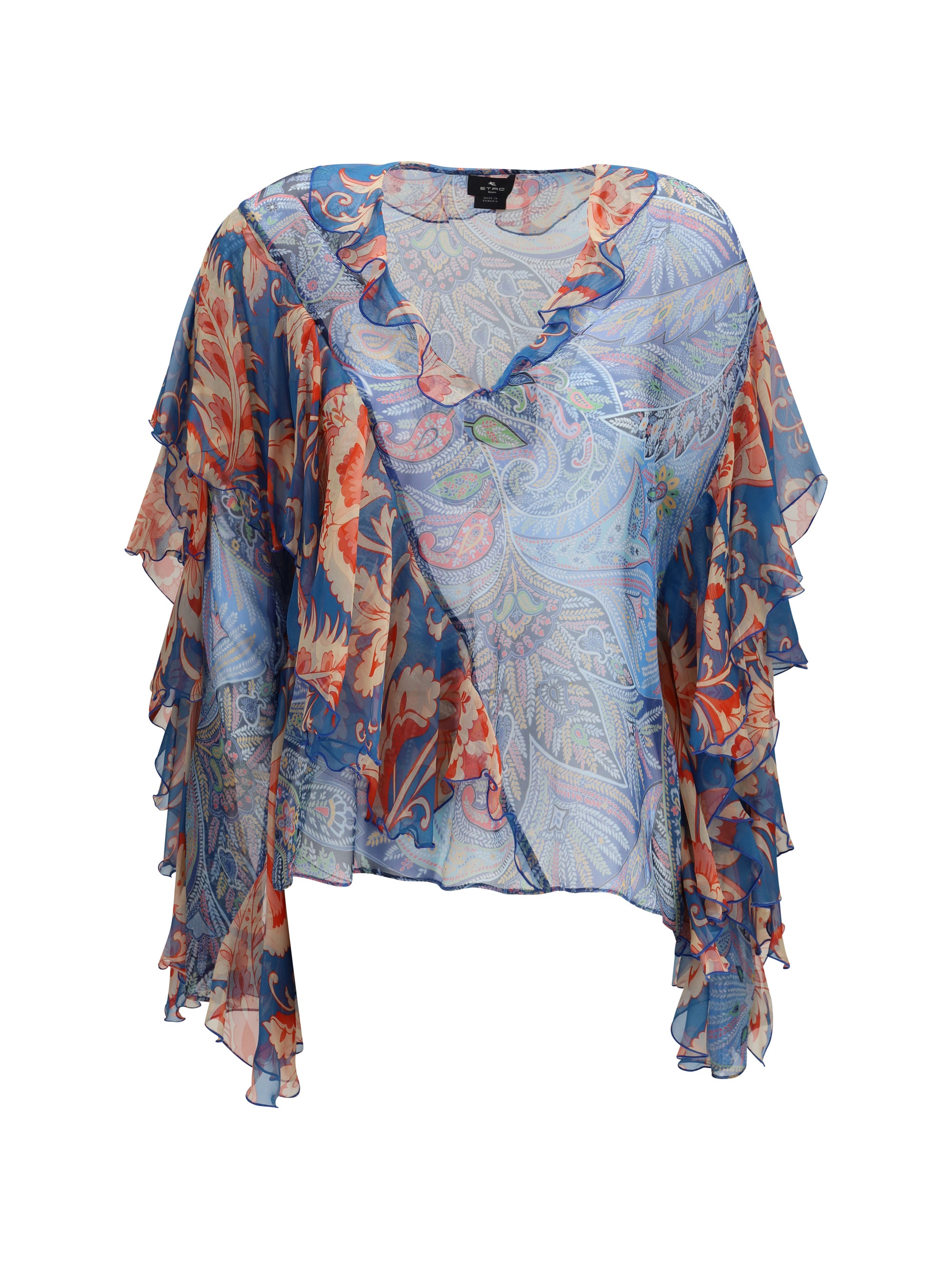 ETRO 40 long-sleeve silk shirt with ruffles and floral motif