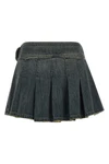 buckle pleated flared and pleated skirt in stonewashed stretch cotton denim